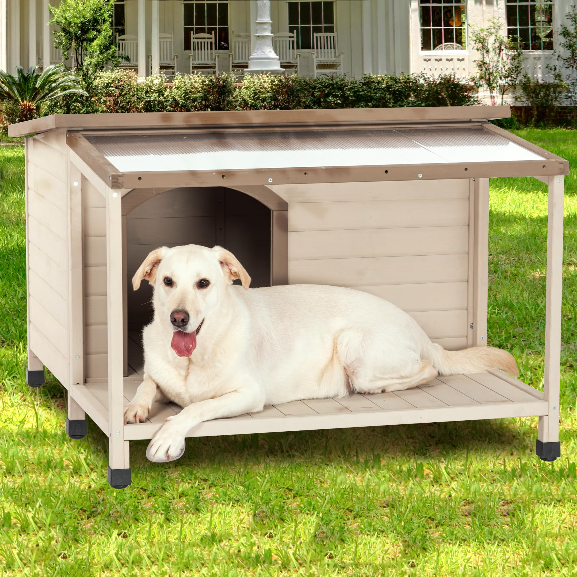 Garvee Cabin Style Pet Kennel With Asphalt Roof Weatherproof Raised Fir Wood Dog House For Outdoor Indoor Patio Yard Cream One Size