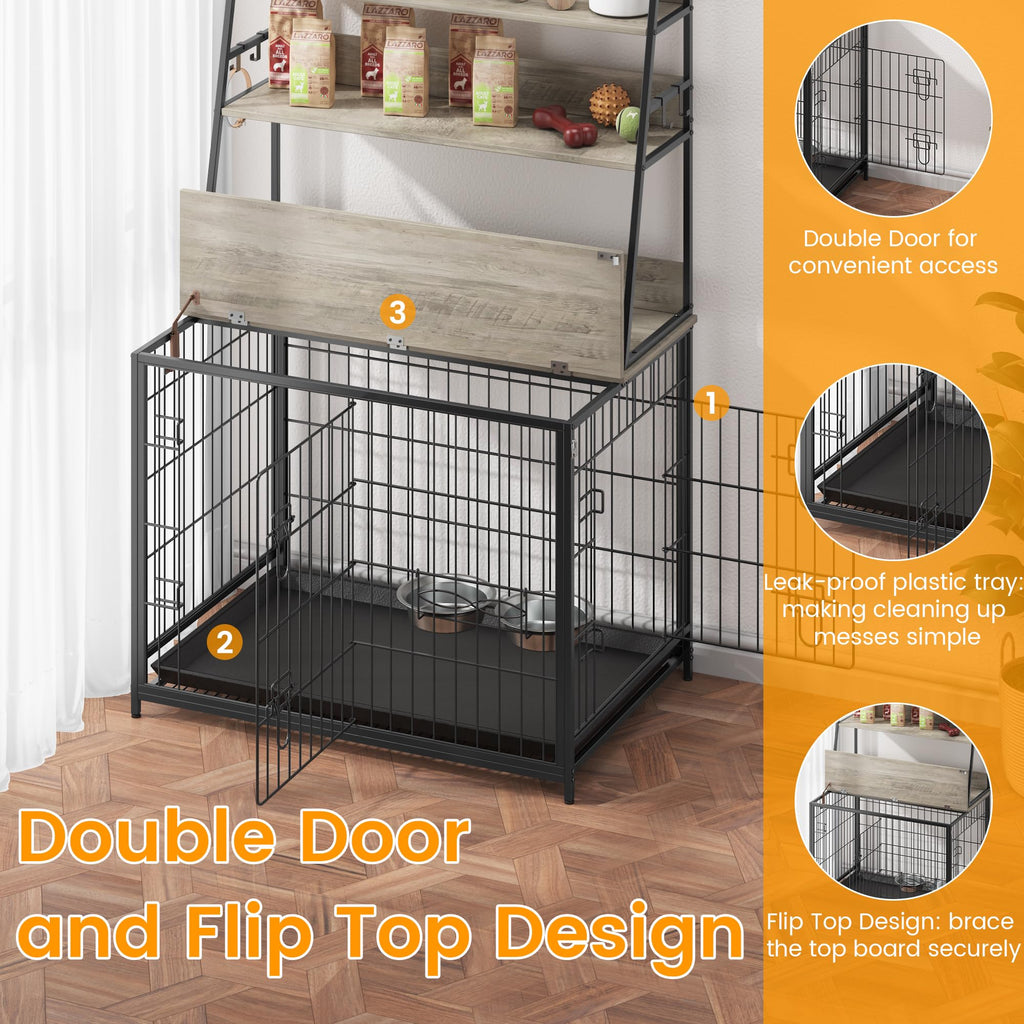 Garvee Wooden Dog Crate Furniture with Storage Shelves, Removable Tray, Double Doors, Adjustable Bowls and Flip-up Top, Grey