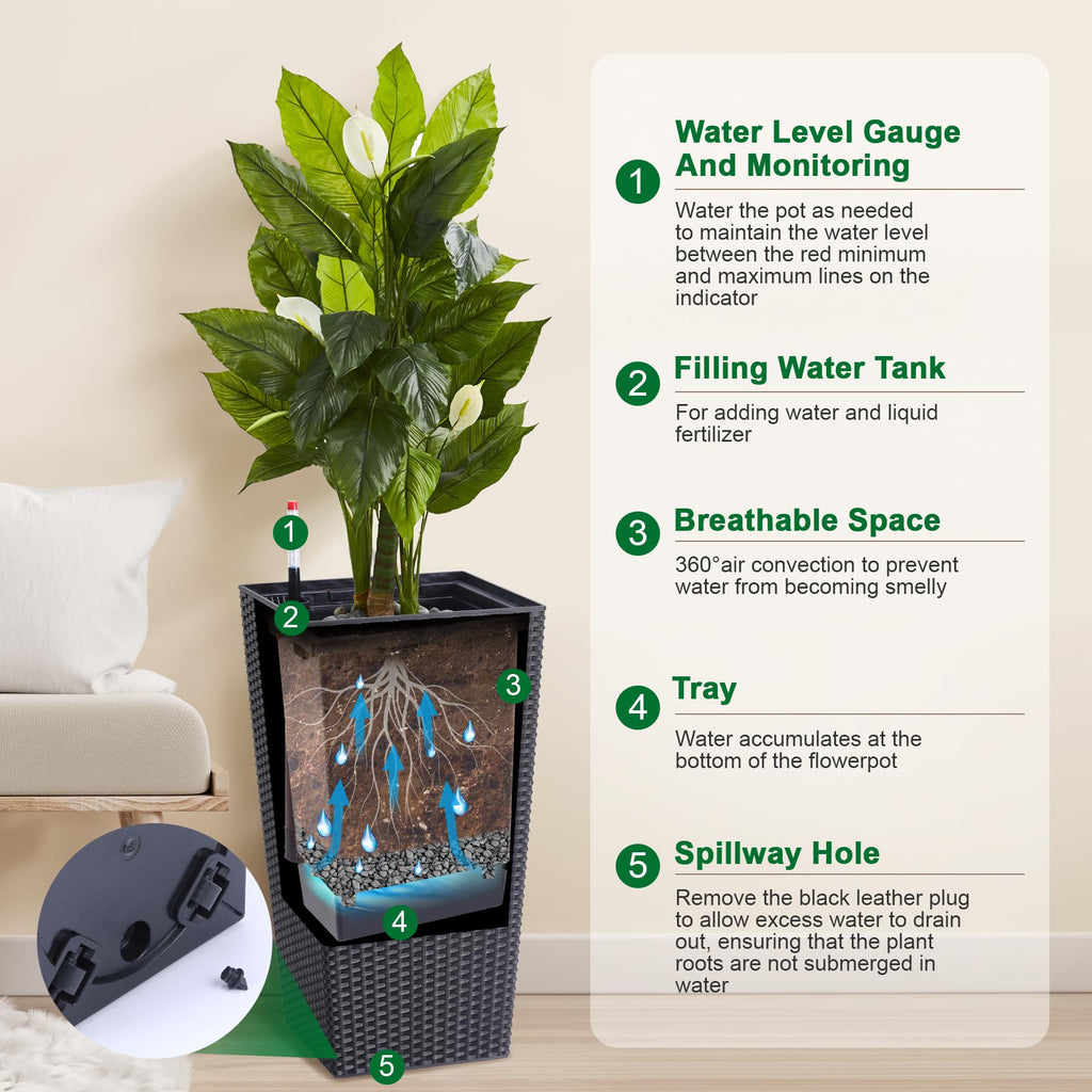Garvee 23" Tall Planters Set of 2, Outdoor＆Indoor Planter Pots, High Front Porch Planter Pots with Drainage Holes＆Water Level Monitor＆Inner Bucket, Automatic Watering, Convenience Instill, Black