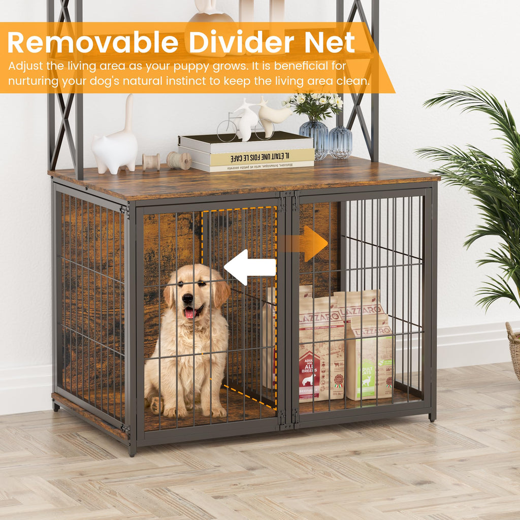 Garvee Dog Crate Furniture Heavy Duty Wooden Pet House With Storage Shelves Indoor Dog Cage 4 Doors Brown Small Medium Dogs