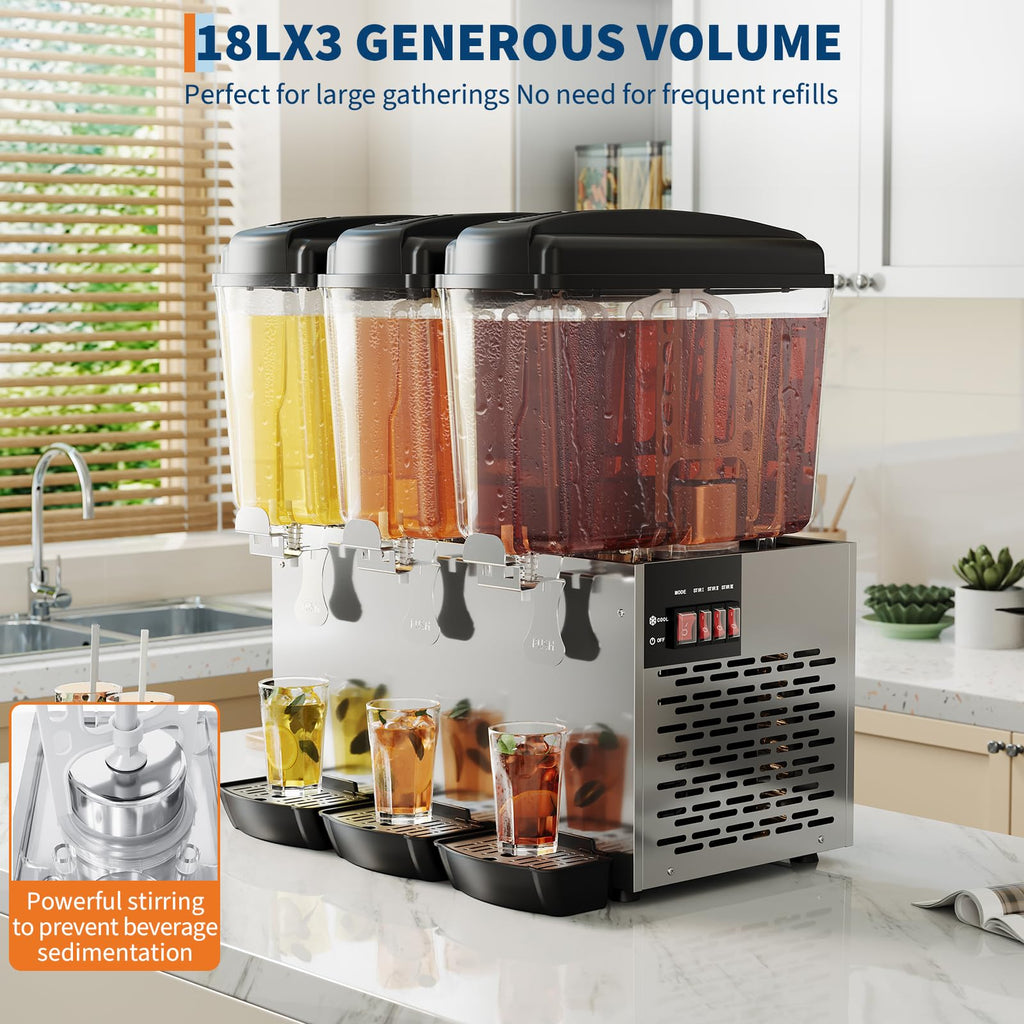 Garvee Commercial Beverage Dispenser 3 Tanks 18L Each Stainless Steel Juice Dispenser for Restaurant Bar Party Cold Drinks