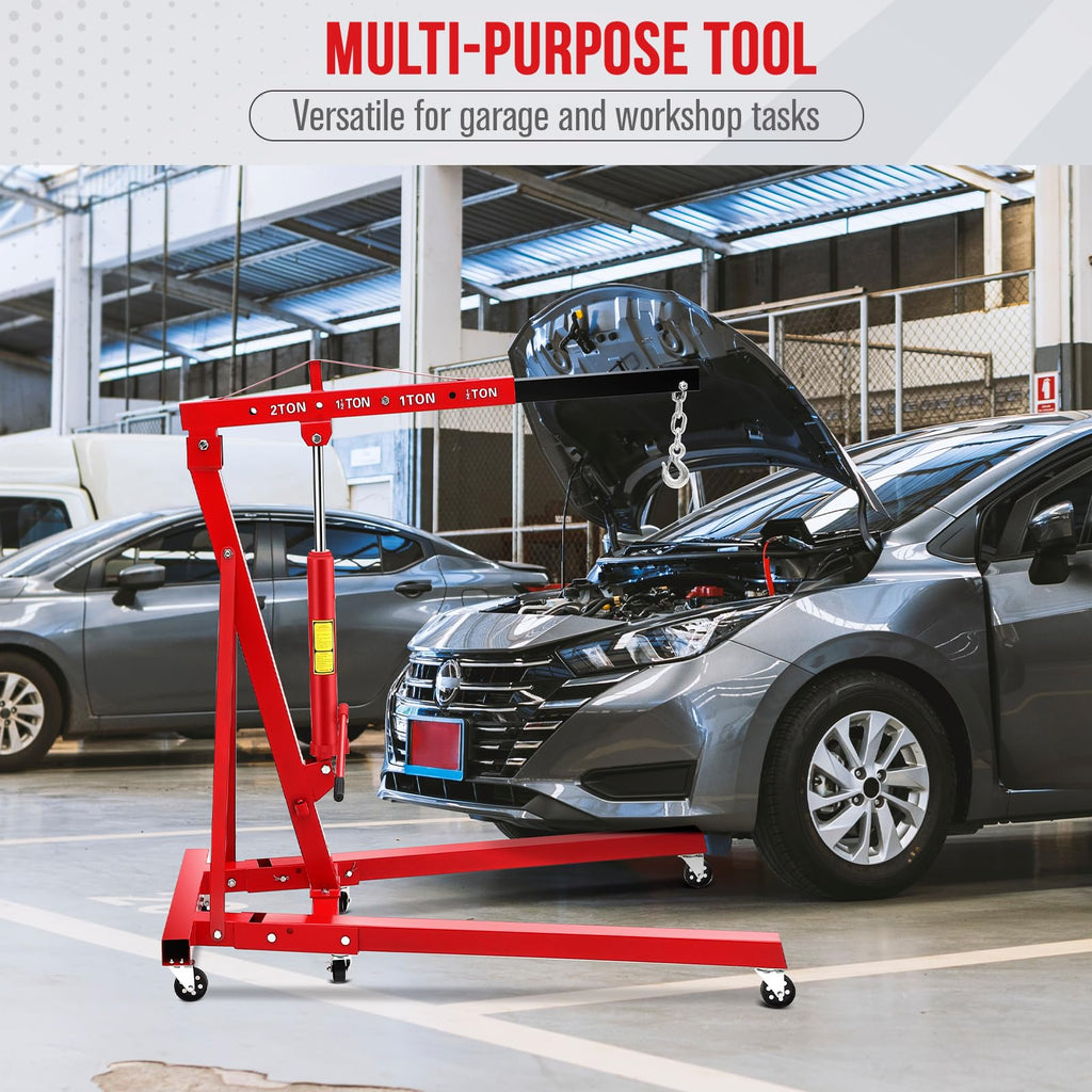 Garvee 2 Ton Folding Hydraulic Engine Hoist, 4400 lbs Shop Crane with Telescopic Boom, 6 Casters, Heavy-Duty for Garage and Workshop, Includes Gloves, Red