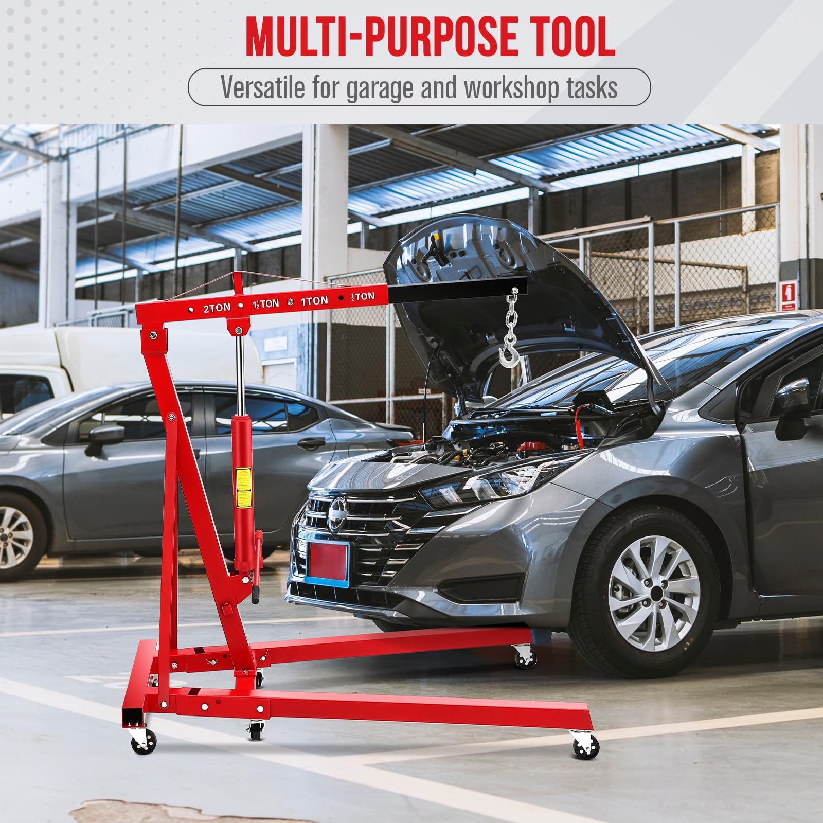 Garvee 2 Ton Hydraulic Engine Hoist Folding Cherry Picker Shop Crane Lift 4400LB Red for Garage Workshop Factory