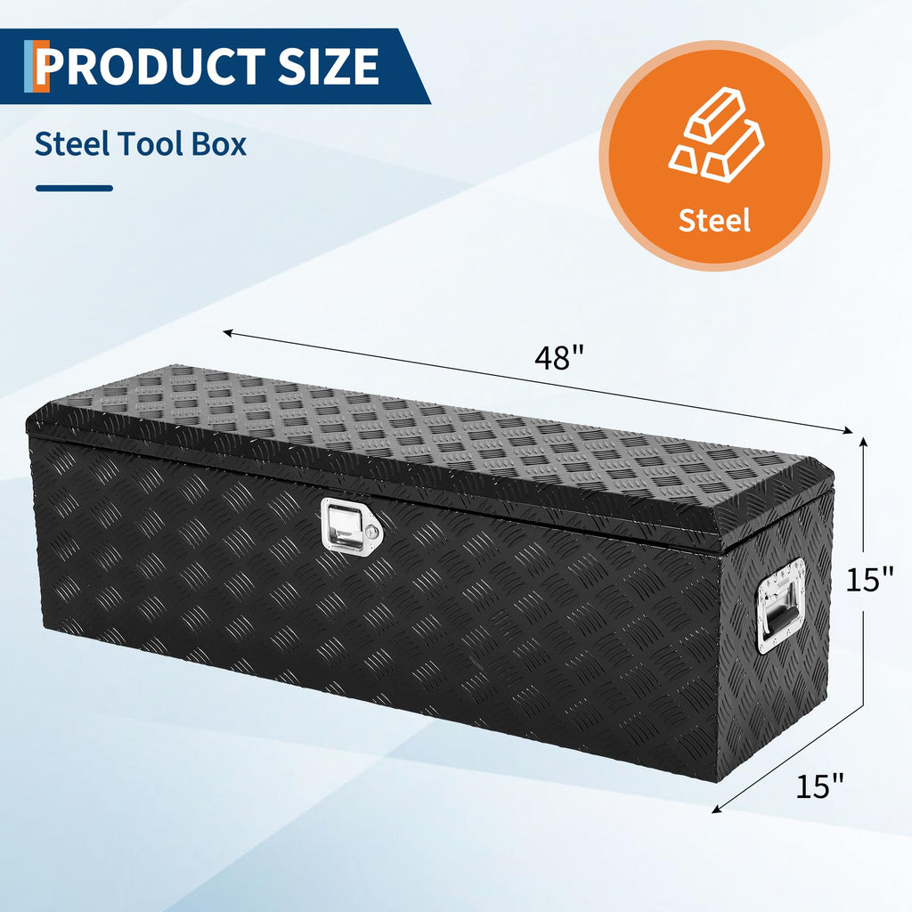 Garvee 48X15 Inch Truck Bed Tool Box - Heavy-Duty Aluminum Diamond Plate Storage Chest, Waterproof with Lock, for Trucks, Trailers, RVs, and Warehouses, Black