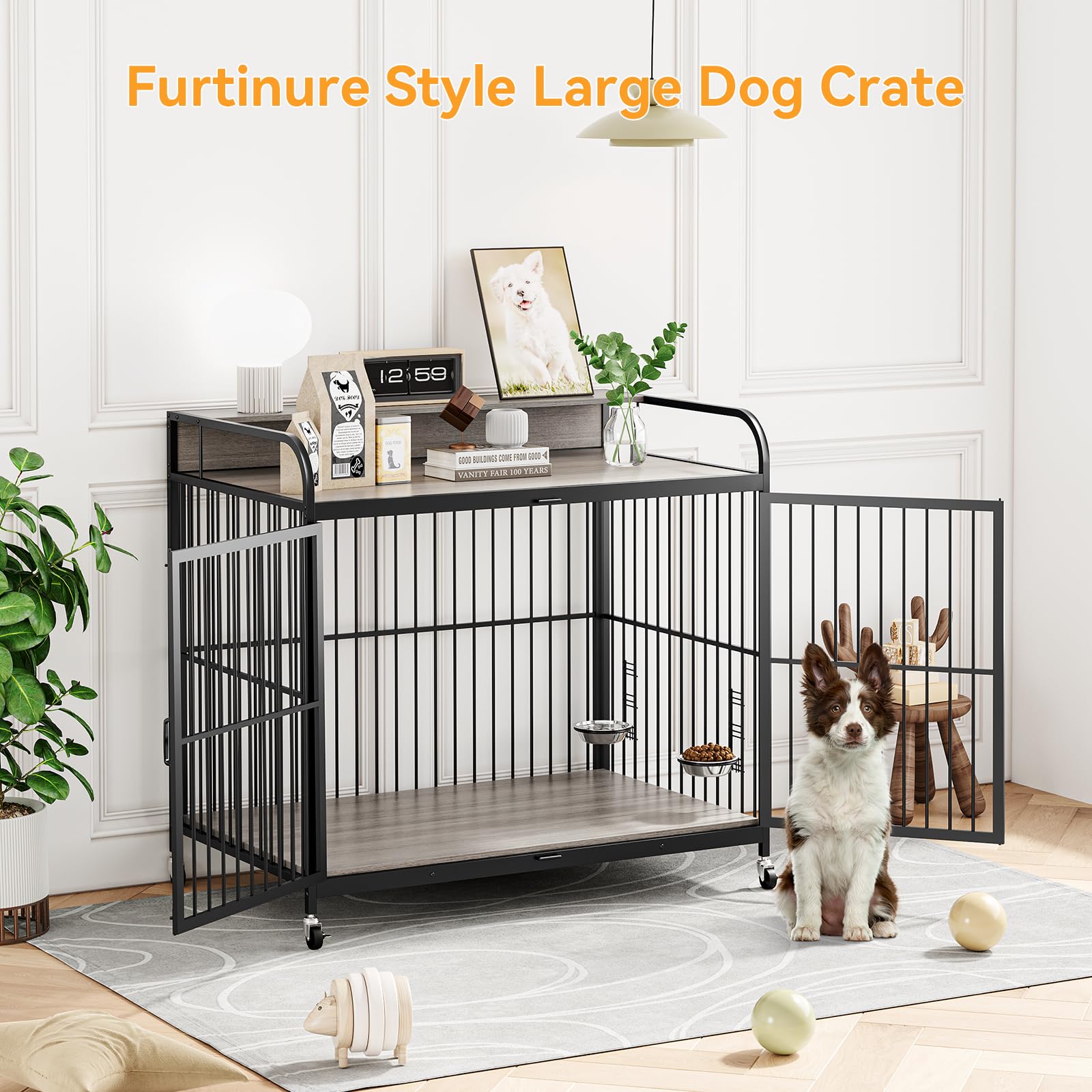 Garvee Dog Crate Furniture, Dog Crate Indoor with Adjustable Height Bowls, Wooden Heavy Duty, 39.8 Inch Dog Kennel Furniture for Medium Dogs, 39.8" L X 22.5" W X 38.6" H,Grey