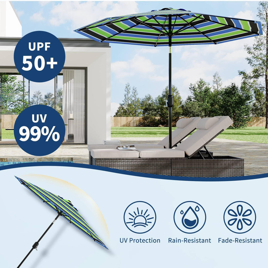 Garvee 9' Patio Umbrella with Crank Lift & Push Button Tilt - 8 Sturdy Ribs Outdoor Table Umbrella for Yard, Deck & Pool, Tricolor Stripe