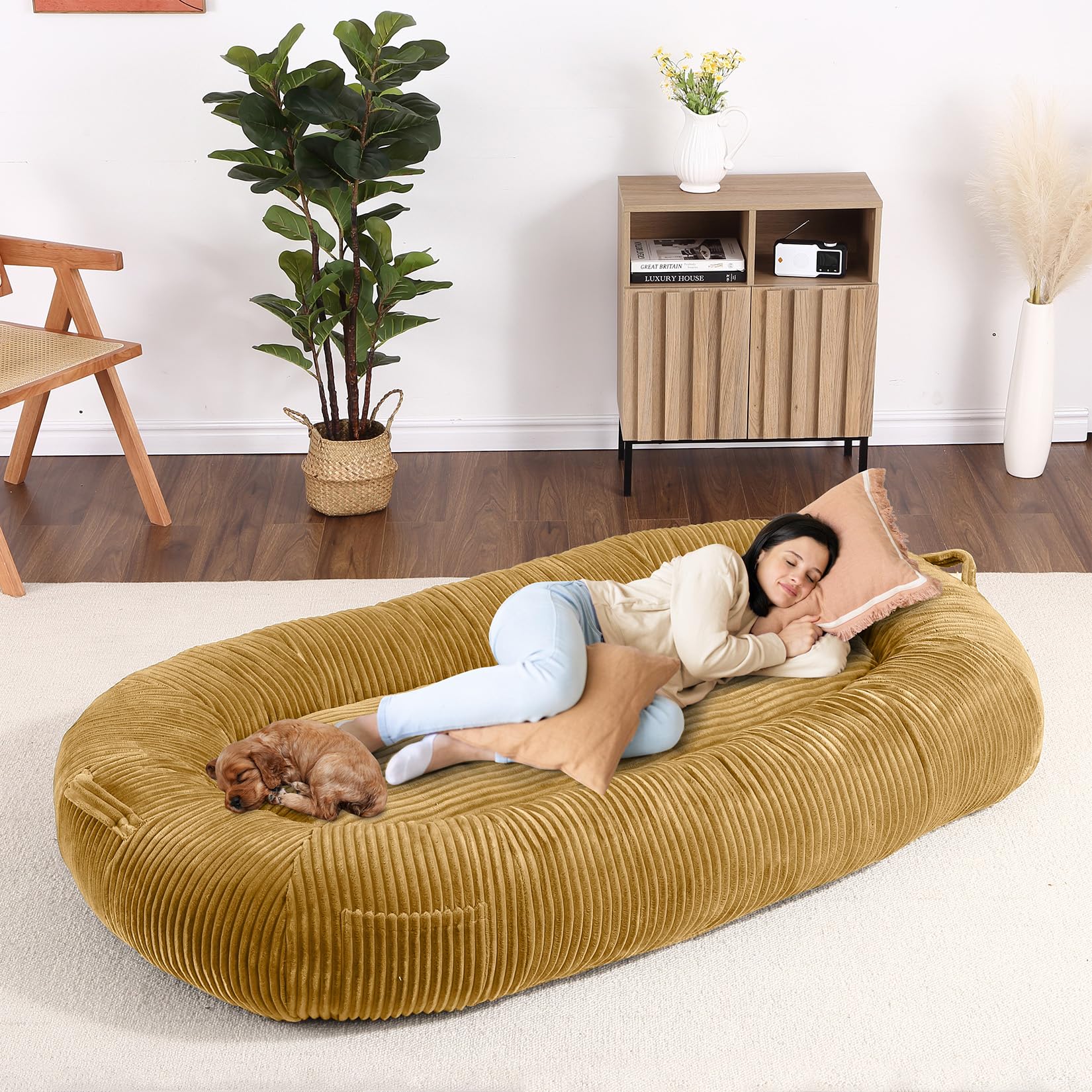 Garvee Dog Bed for Adult, Human Size Giant Dog Bed for Men and Women, 71”x48”x14” Human Dog Lazy Sofa Bed for People and Pets, Washable Strip Flannel Nap Bed Adult Oval, Human-Sized Dog Bed,Yellow