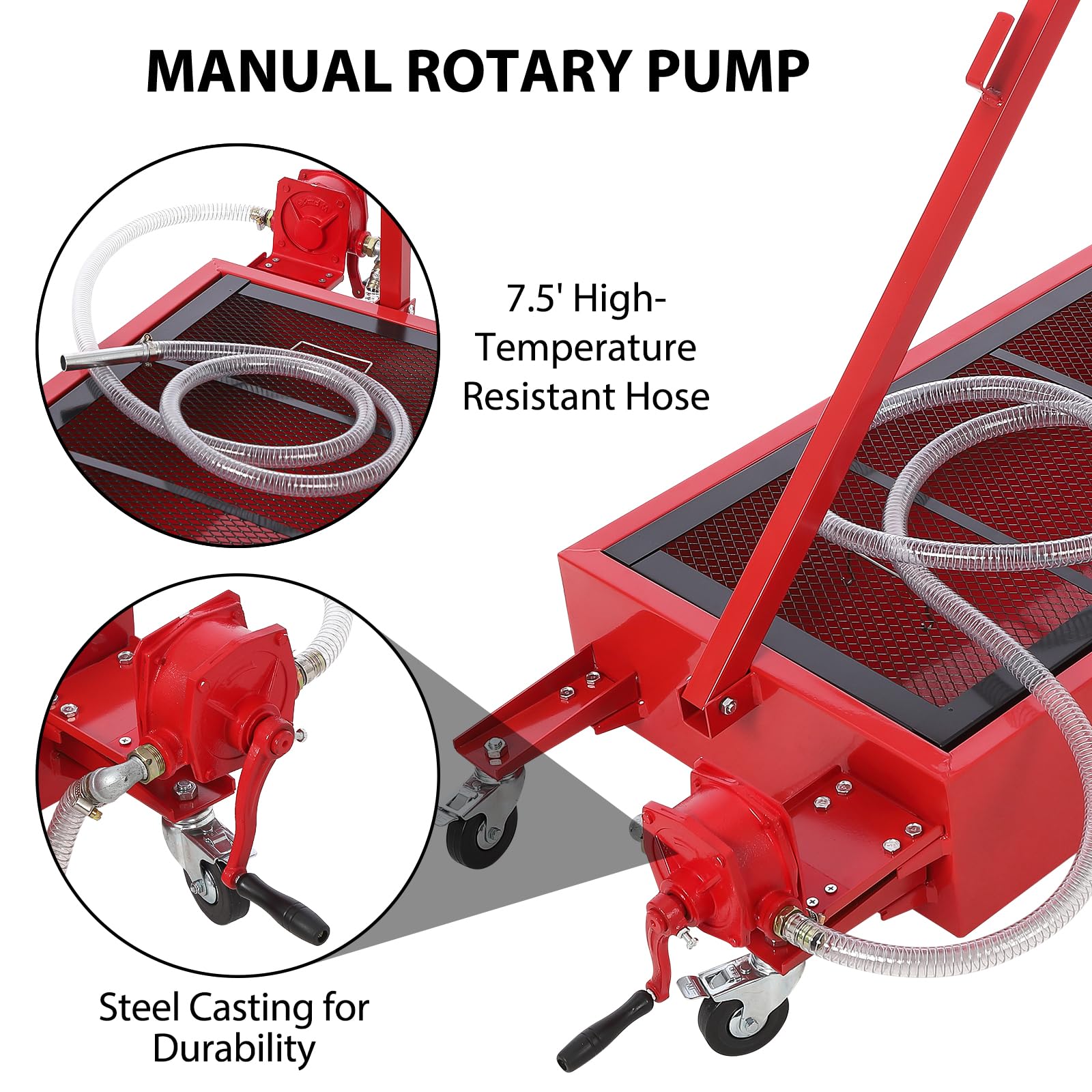 Garvee 20 Gallon Oil Drain Pan Oil Drain Tank, 76L Low Profile Oil Drain Pan, Large Capacity Oil Change Pan with Manual Pump & T Foldable Hand and Wheels, 7.5FT Hose Oil Drain Cart for Car, SUV, Trucks