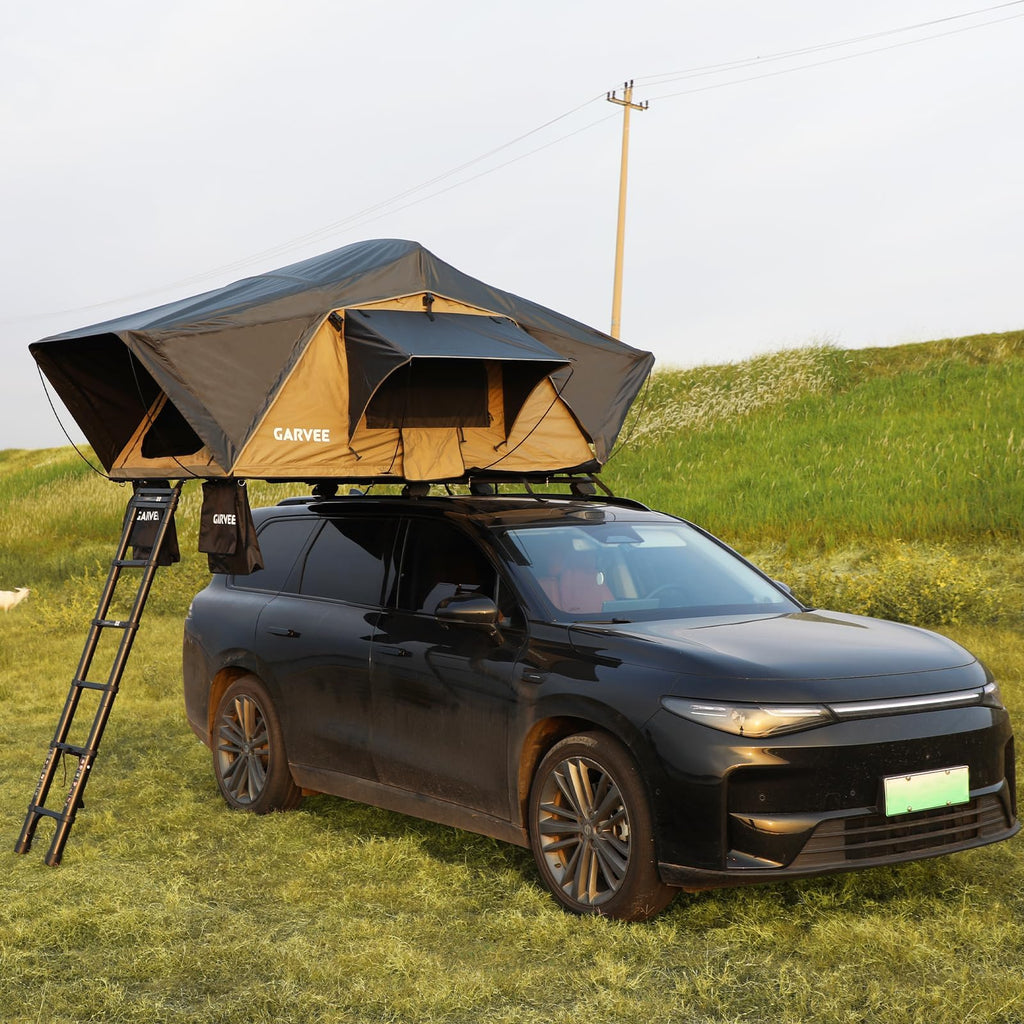 Garvee Rooftop Tent Soft Shell With Telescopic Ladder & LED Light For 2-3 Person Camping On Truck SUV Van Trailer Waterproof UV Resistant 4-Season Design