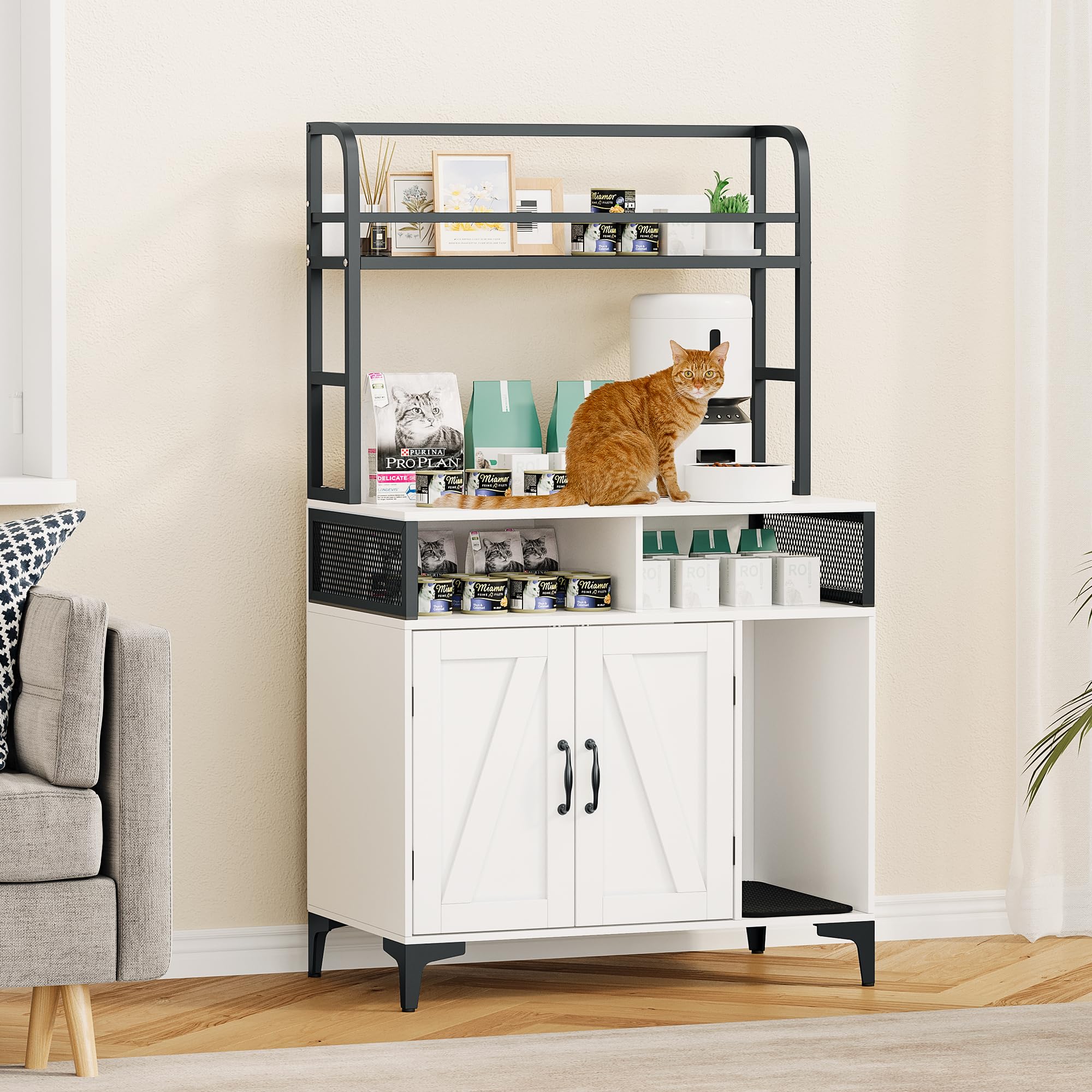 Garvee Hidden Cat Litter Box Enclosure Furniture with Shelf Storage,Litter Box Furniture,Sturdy Cat Washroom,Indoor Wooden Cat House Storage, White