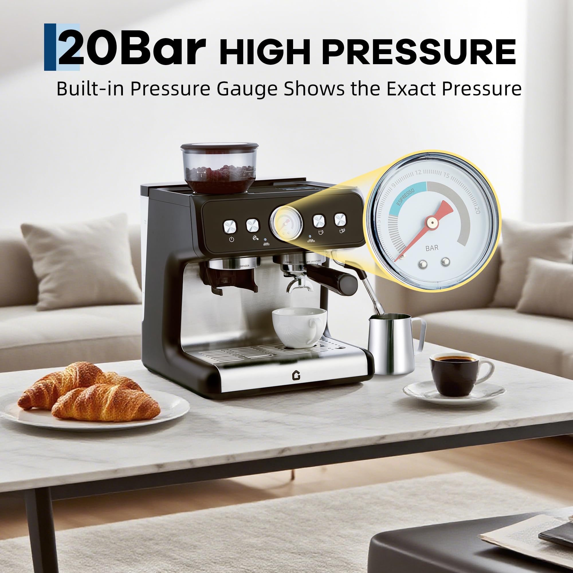 Garvee 20-Bar Stainless Steel All-in-One Espresso Machine with Grinder - 2.8L Removable Water Tank, Milk Frother Steam Wand, Adjustable Shot Volume for Latte and Cappuccino, Professional for Home and Office Use