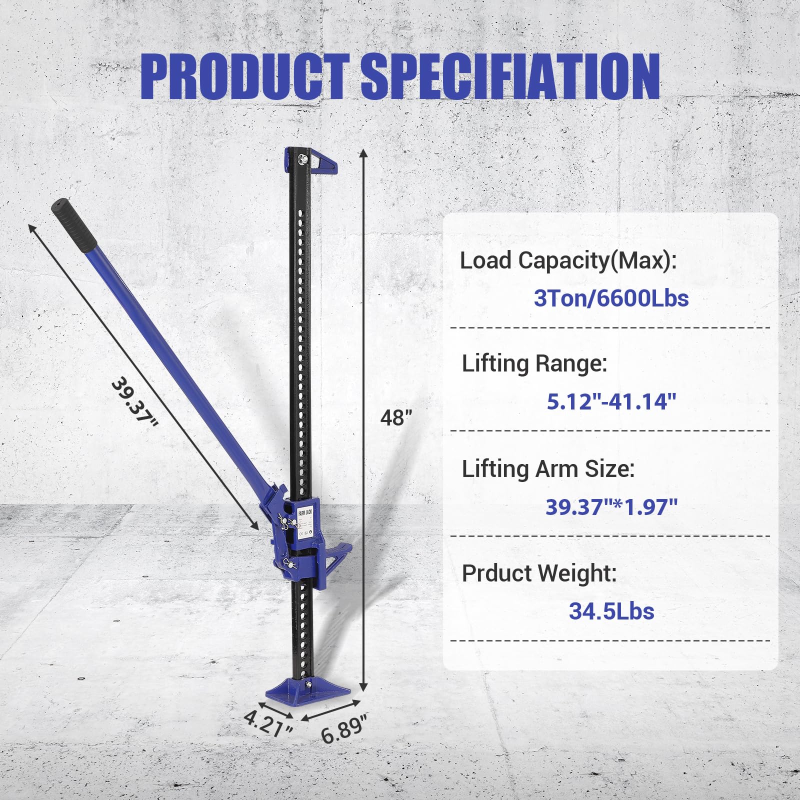 Garvee 3 Ton Farm Jack, 48" Utility Farm Jack, 6600 Lbs Capacity Ratcheting Off Road Utility Jack, Heavy-Duty Farm Jack Foratv, Utv, SUV, Tractor, Truck, Universal Jack, Blue