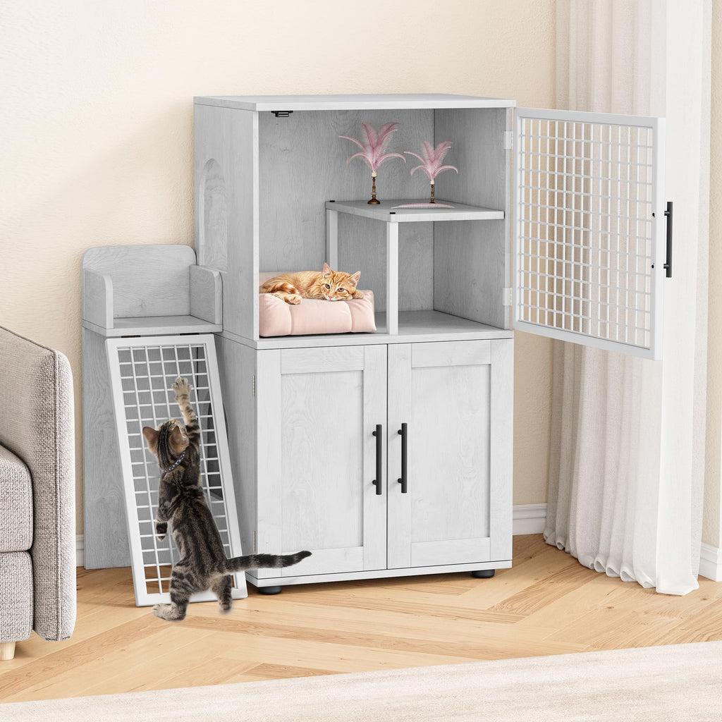 Garvee Villa Cat Litter Box Enclosure, Double Layer, MDF & Iron, Hidden Furniture, Ladder, 33.5" L x 17.9" W x 41.9" H, Antique White
