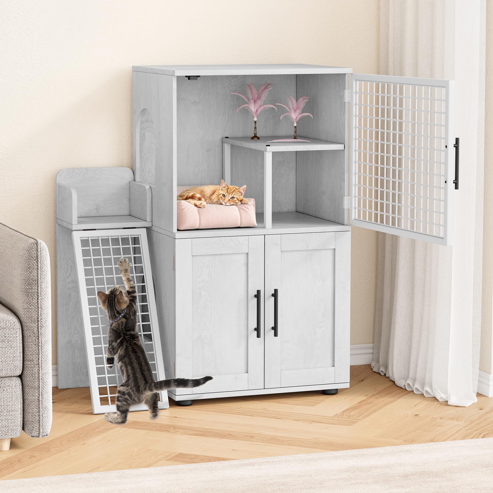 Garvee Villa Cat Litter Box Enclosure, Double Layer, MDF & Iron, Hidden Furniture, Ladder, 33.5" L x 17.9" W x 41.9" H, Antique White