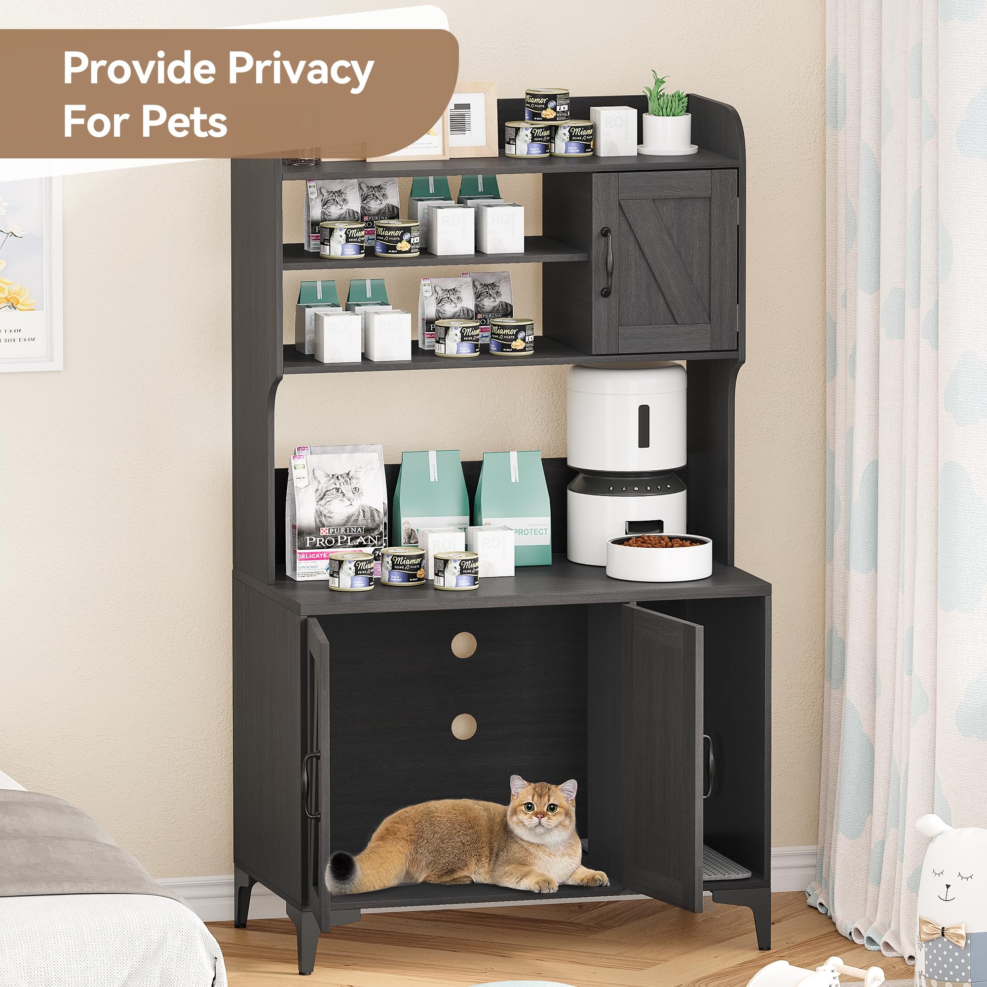 Garvee Cat Litter Box Enclosure, Modern Hidden Cat Litter Box Furniture with 4-Tier Storage Shelves, 2 Cabinets, Cat Litter Mat, Large Wood Indoor Cat House Furniture for Home, Walnut Wood