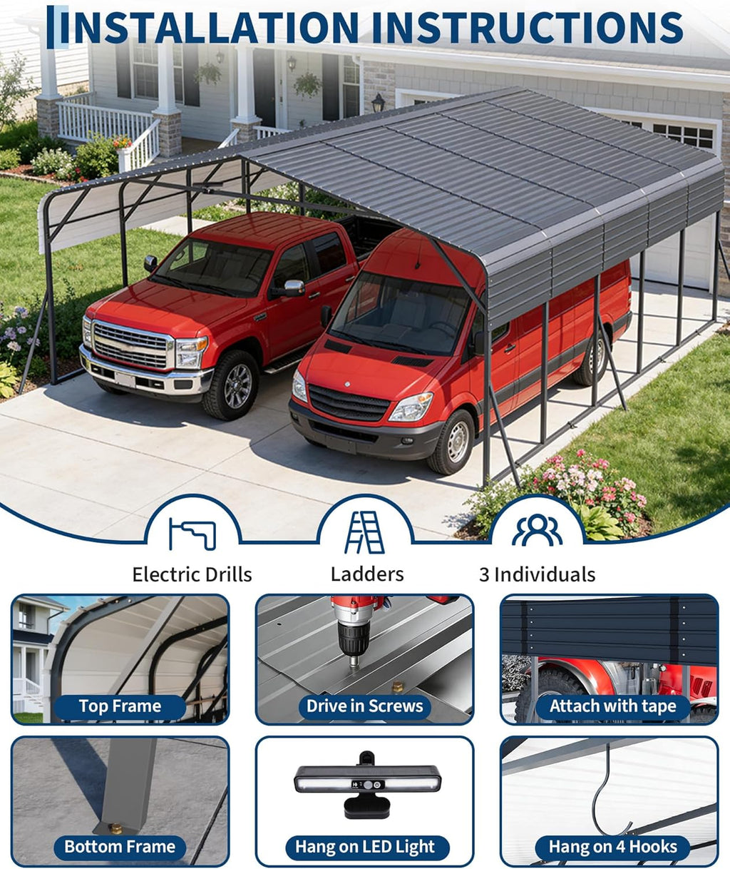 Garvee 20x25FT Heavy Duty Metal Carport,Outdoor Portable Car Garage with Led Light,Removable PE SideReinforced Base & Galvanized Steel Roof, Outdoor Car Port Canopy Shelter for Boats, Full-Sized Pickup Trucks