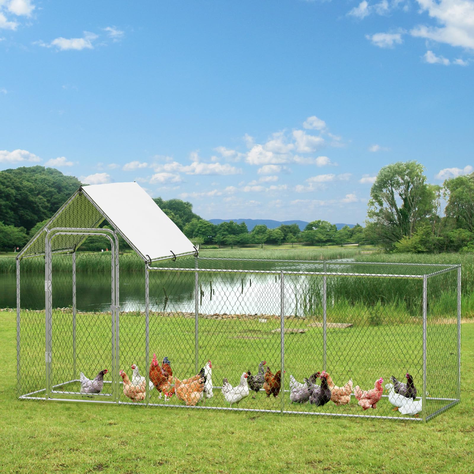 Garvee Chicken Coop Run Large Metal Chicken Pen Outdoor, Metal Chicken Coop with Waterproof and Anti-Uv Cover for 6/10 Chickens,Duck Rabbits Habitat - 118.1 x 39.4 x 59 Inch