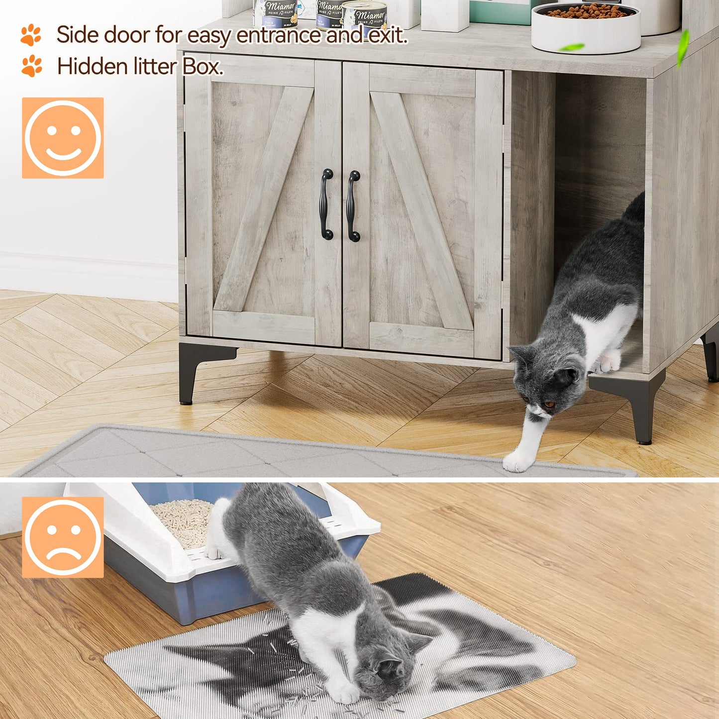 Garvee Cat Litter Box Enclosure, Modern Hidden Cat Litter Box Furniture with 4-Tier Storage Shelves, 2 Cabinets, Cat Litter Mat, Large Wood Indoor Cat House Furniture for Home, Grey