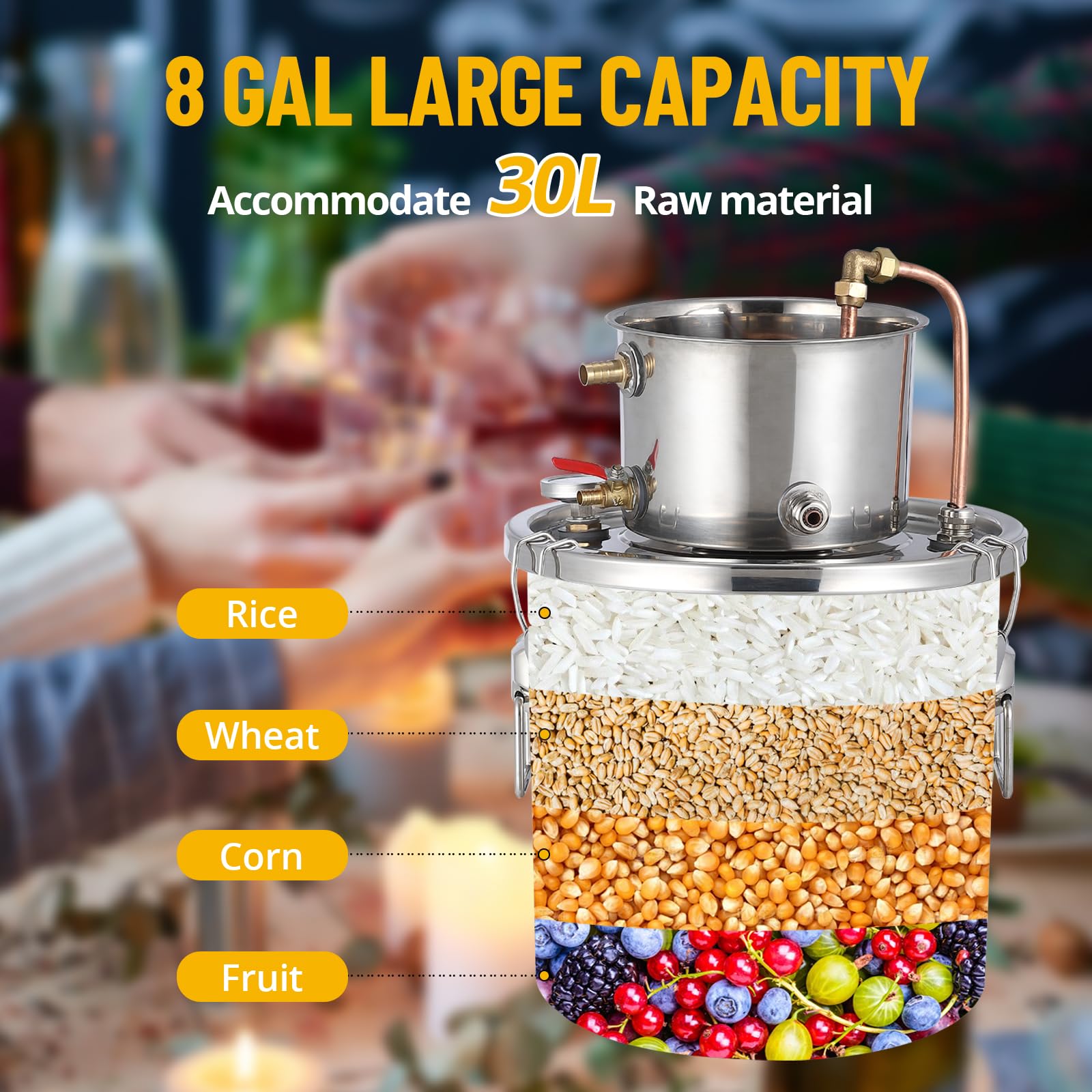 Garvee 8Gal Alcohol Distiller Spirits Kit with Circulating Pump Copper Tube Dual Display Thermometer Home Brew Stainless Steel