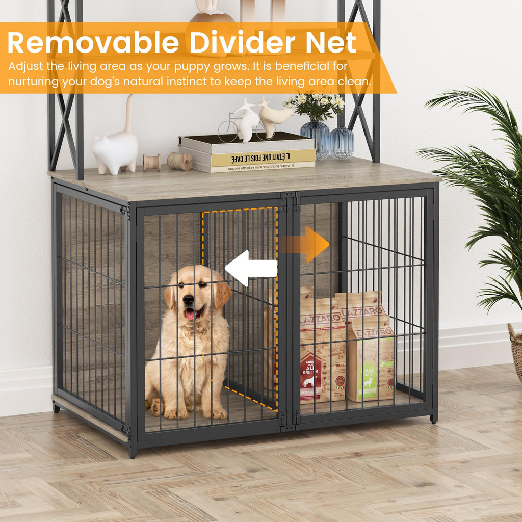 Garvee Wooden Dog Crate Furniture End Table with Flip Top and Movable Divider, 42.5 Inch Dog Cage with Storage Shelves, Large Dog Kennel Indoor Furniture with 3 Doors, Grey