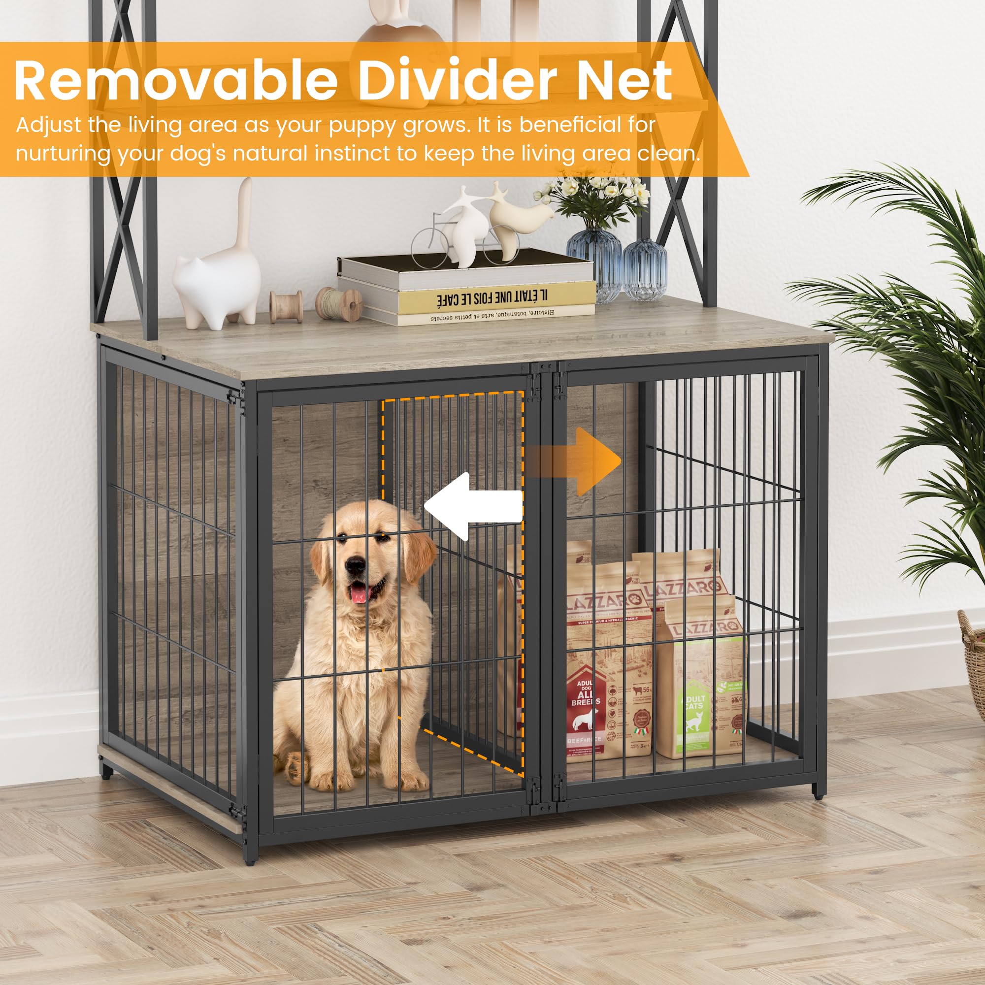 Garvee Wooden Dog Crate Furniture End Table with Flip Top and Movable Divider, 42.5 Inch Dog Cage with Storage Shelves, Large Dog Kennel Indoor Furniture with 3 Doors, Grey