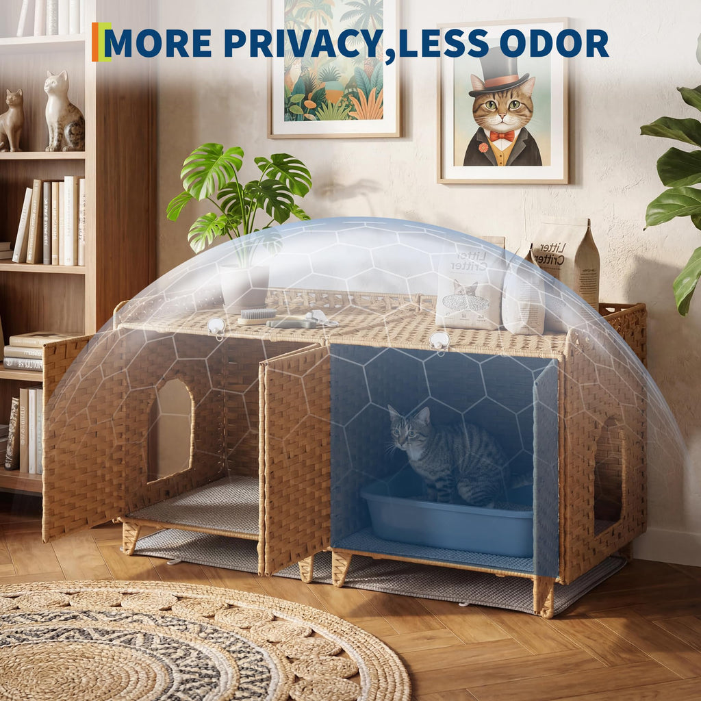 Garvee Cat Litter Box Enclosure Furniture Handwoven Rattan Hidden Washroom Large Space Natural for Living Room Bedroom