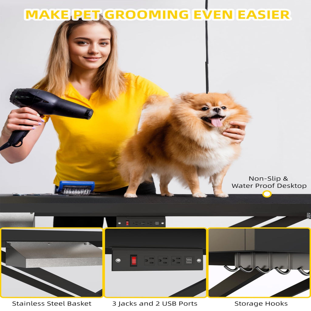 Garvee 50" Professional Electric Dog Grooming Table Heavy Duty, Height Adjustable Pet Grooming Table with Leveling Wheels, Dog Grooming Arm, Non-Slip Tabletop and Tool Organizer Dog Grooming Station (Black)