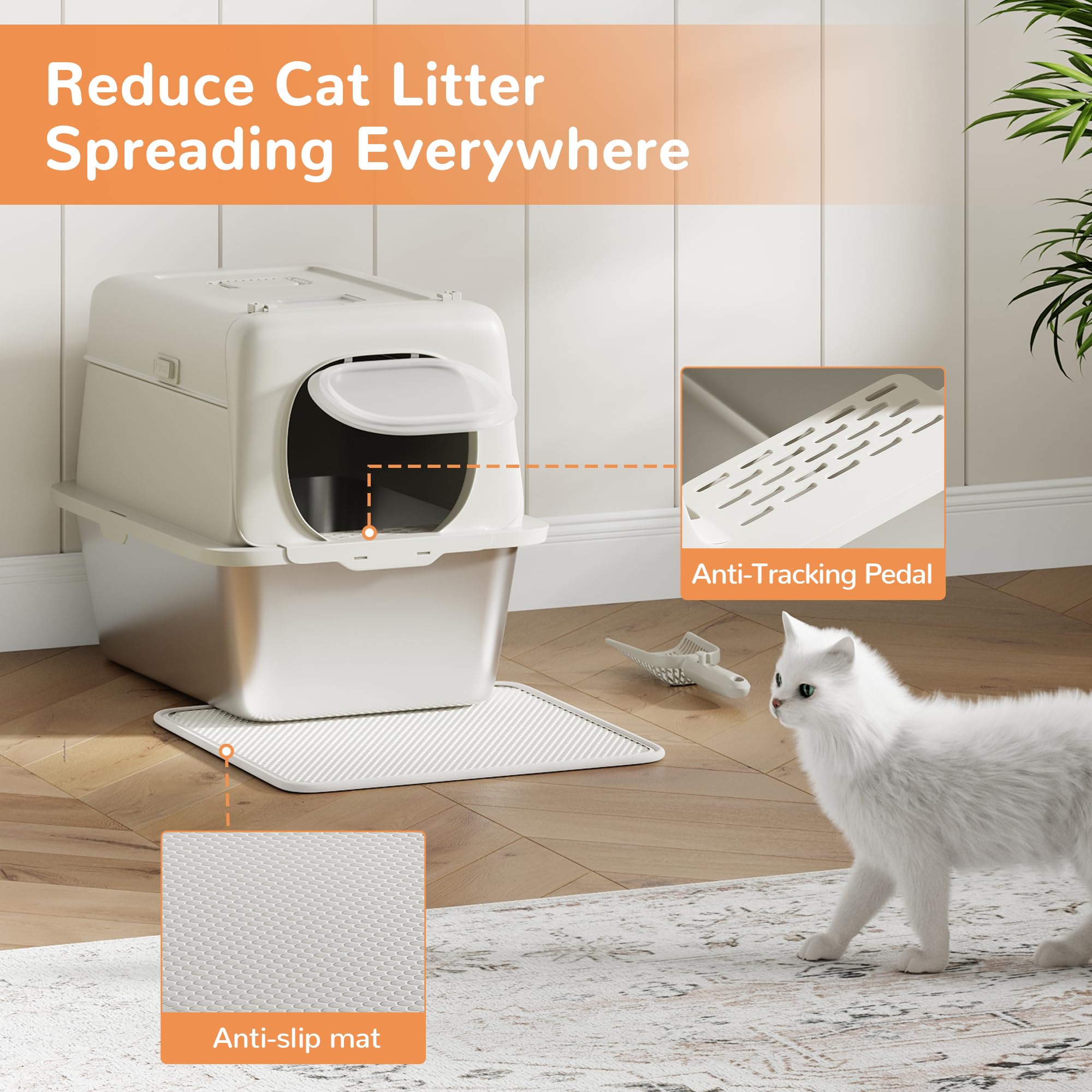 Garvee Stainless Steel Litter Box with Lid Large Enclosed Cat Box for Big Cats Metal High Sided Enclosure Scoop Litter Mat Odor Free
