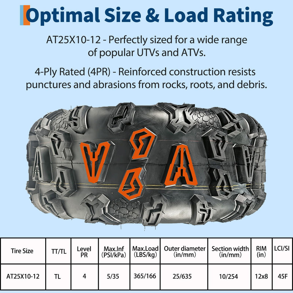 Garvee 25x10-12 ATV UTV Tires Tubeless All Terrain Off-Road Wide Footprint Extra Grip Mud Sand Rock