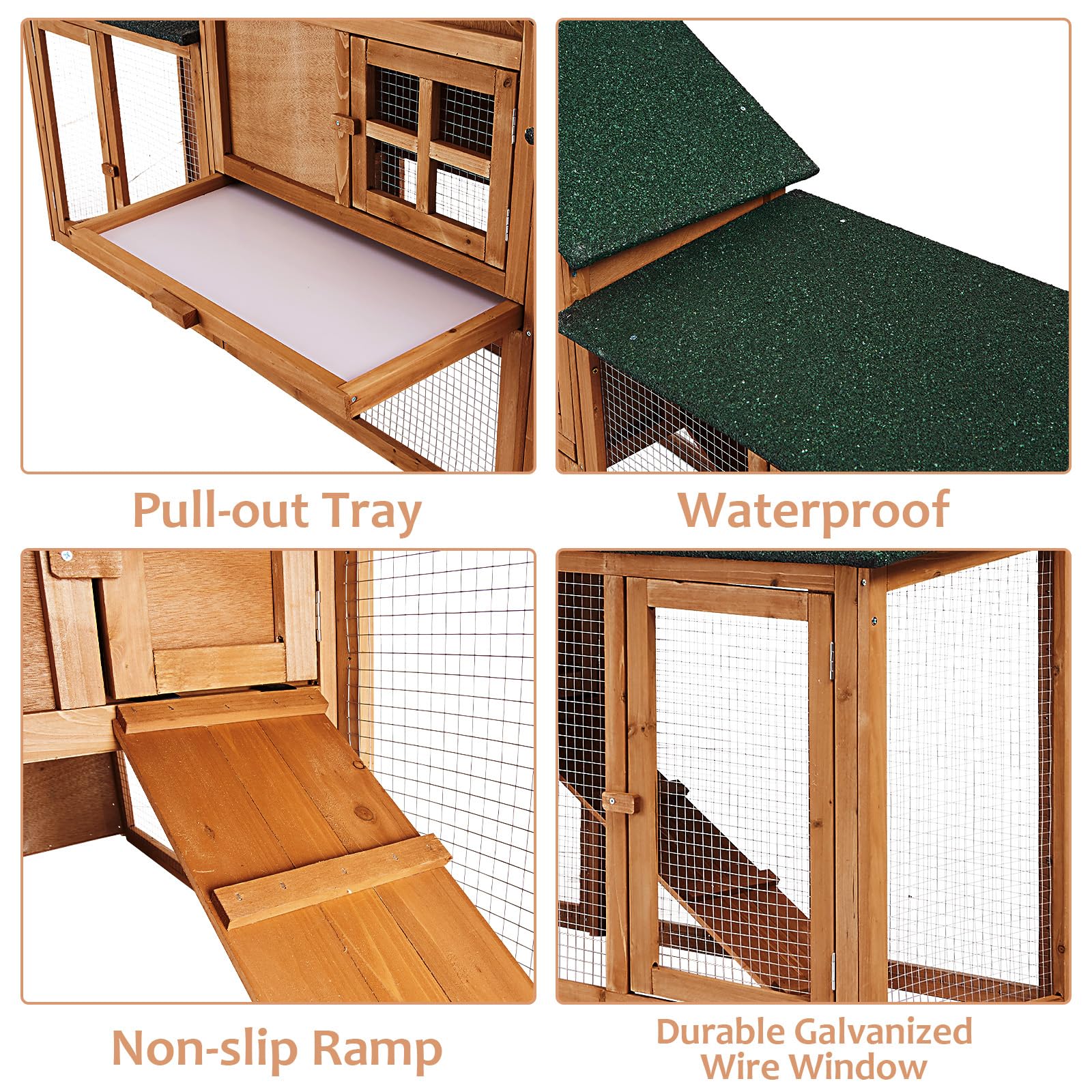 Garvee 80in Wooden Rabbit Hutch, 2-Level Small Animal House with Double Side Runs, Weatherproof Roof, Removable Tray & Ramps for Rabbits, Guinea Pigs, Quails & Bantam Chickens