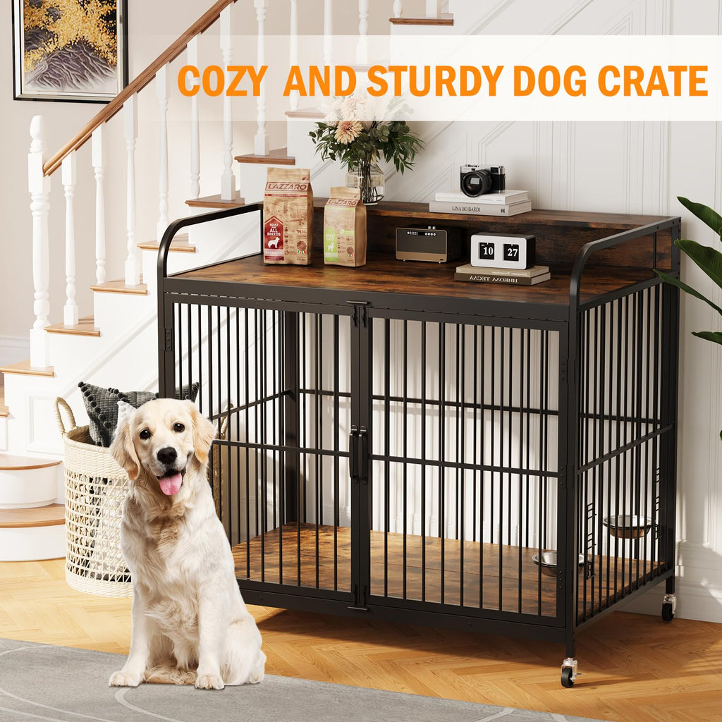 Garvee Wooden Dog Crate Furniture End Table with Adjustable Height & 360° Rotating Feeder, Heavy Duty Dog Crate with 360° Wheels, Dog Kennel Indoor, Large