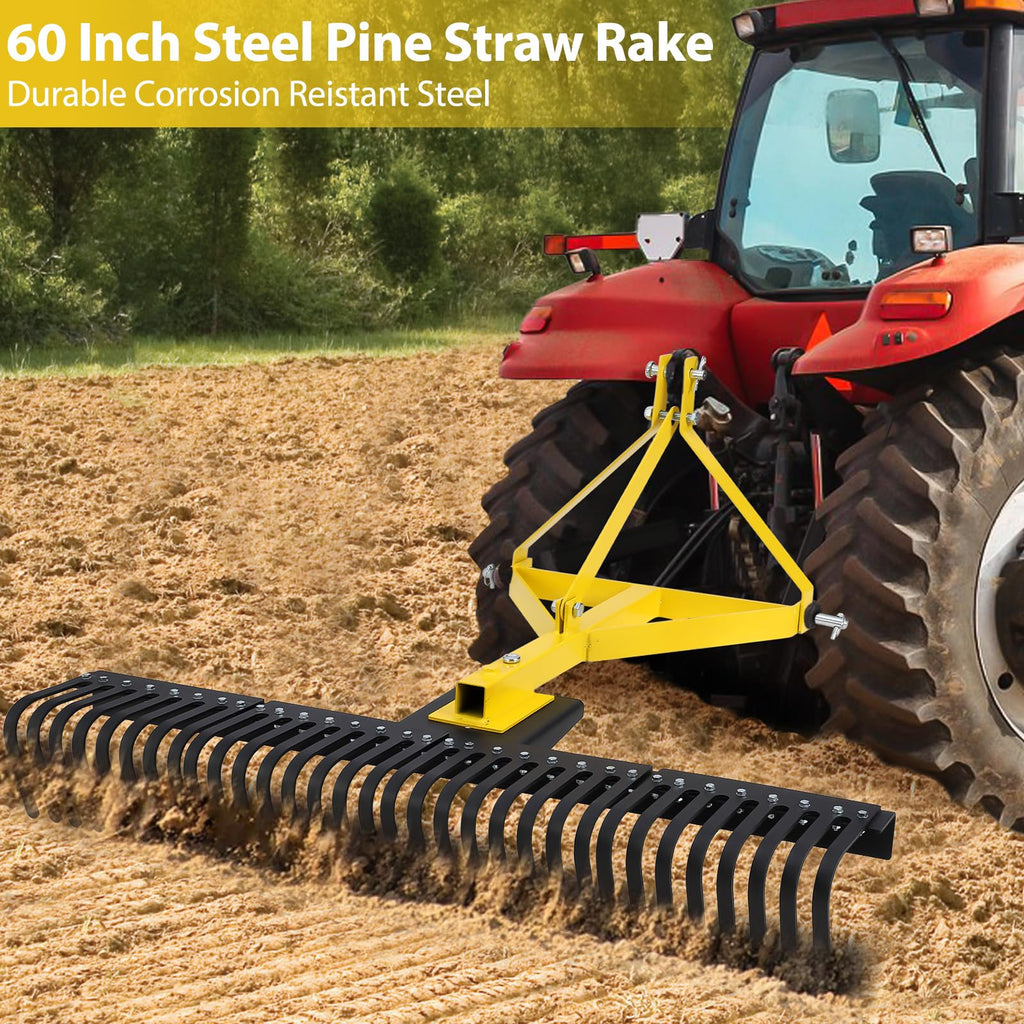 Garvee Heavy Duty 5 FT Landscape Rock Rake Include 3 Point Attach Rake， 360 Degree Rotation Tow-Behind Garden Tool for Compact Tractors, Category 1