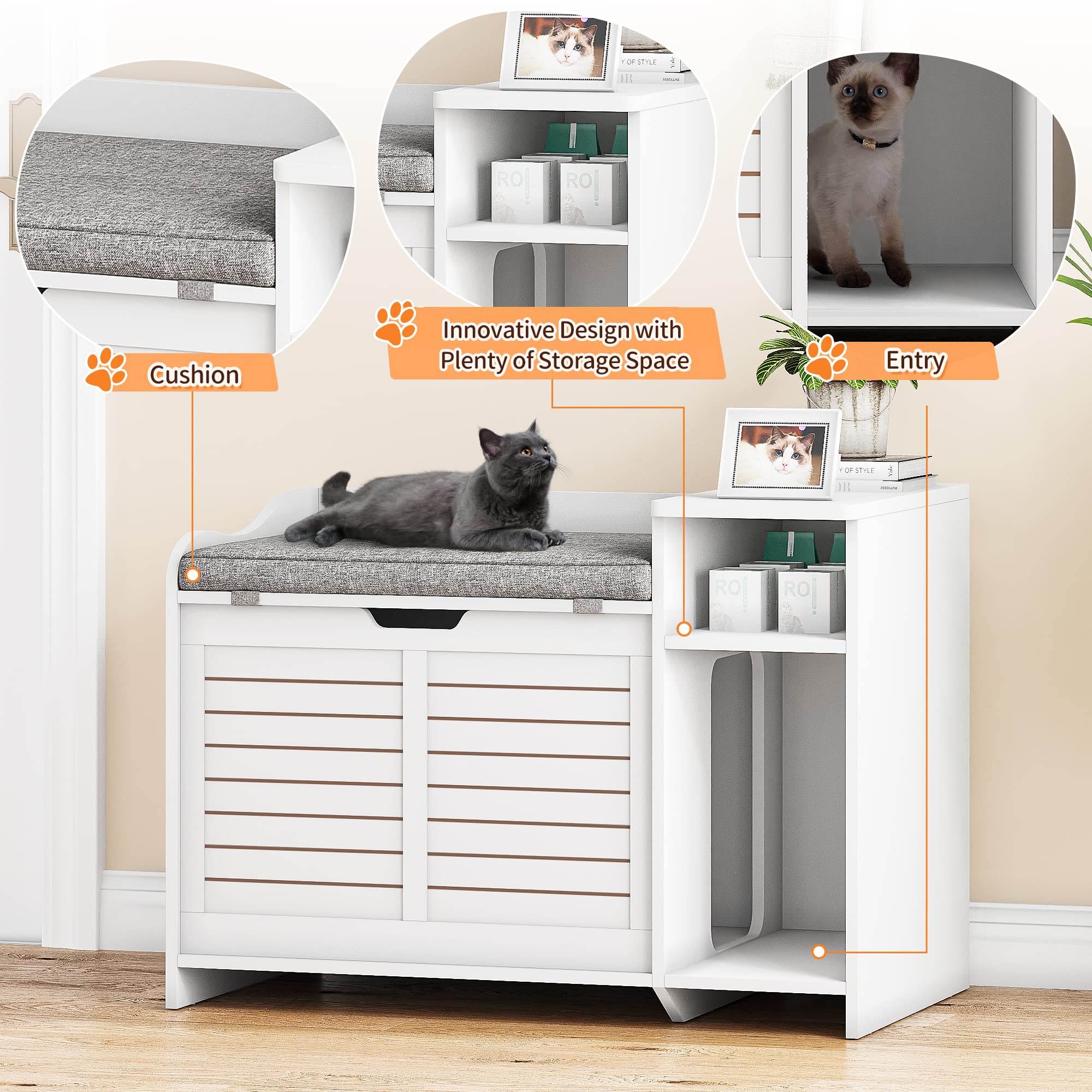 Garvee Cat Litter Box Enclosure with Cushion, Hidden Cat Litter Box Furniture, Cat Litter Box Furniture with Top Opening, Flip Top Litter Box Enclosure Cat House, White