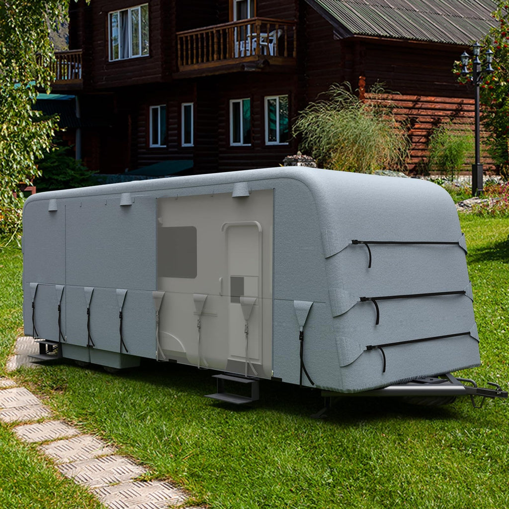 Garvee Travel Trailer Rv Cover, Windproof Camper Cover with Extra-Thick 6 Layers Anti-Uv Top Panel, Breathable, Water-Proof, Rip-Stop with 2Pcs Extra Straps & 4 Tire Covers, Fits 37'-40' Motorhome