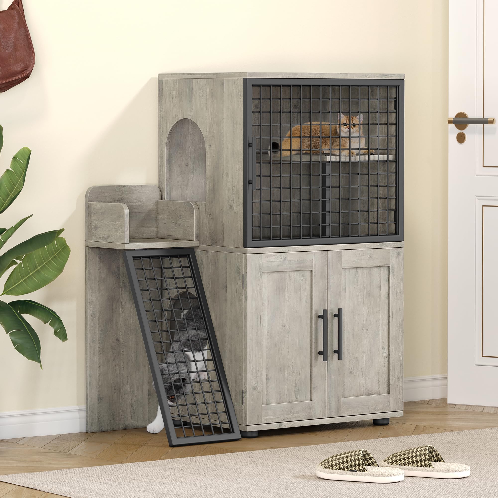 Garvee Modern Villa Cat Litter Box Enclosure with Platform, Double Layer, MDF Panel, Ladder, Hidden Washroom, 33.5"L x 17.9"W x 41.9"H, Light Grey, Indoor Use