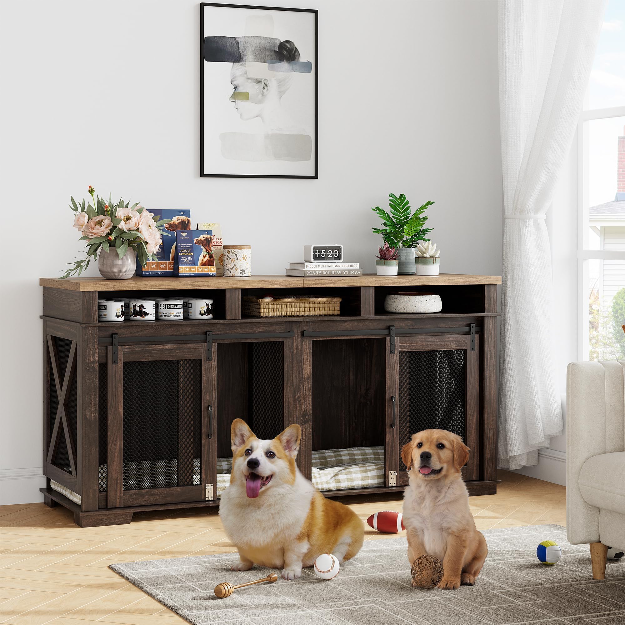 Garvee Dog Crate Furniture, 71" Heavy Duty Dog Kennel Furniture with 3 Storages and Removable Divider, Furniture Style Double Dog Crate Table Indoor TV Stand for Large Medium Dogs, Dark Walnut