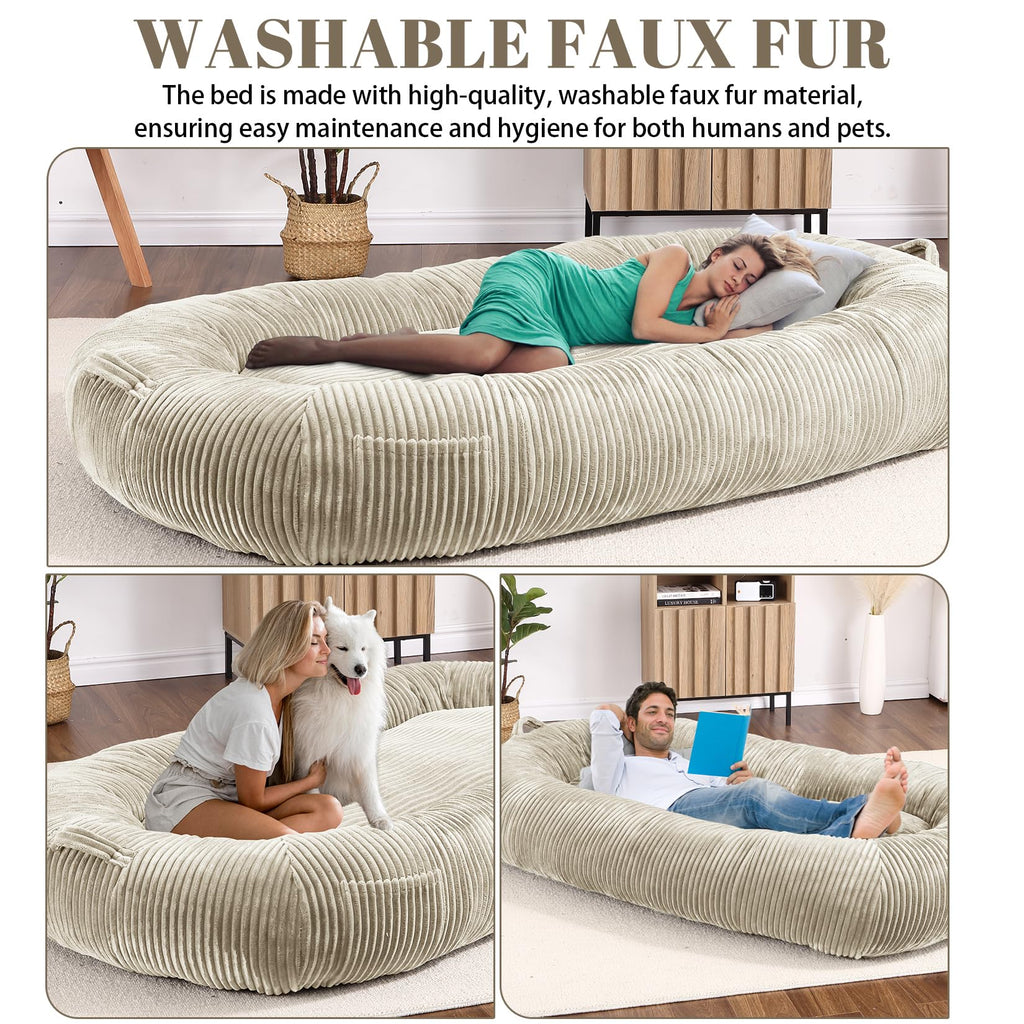 Garvee Dog Bed for Adult, Human Size Giant Dog Bed for Men and Women, 71”x48”x14” Human Dog Lazy Sofa Bed for People and Pets, Washable Strip Flannel Nap Bed Adult Oval, Human-Sized Dog Bed,Khaki