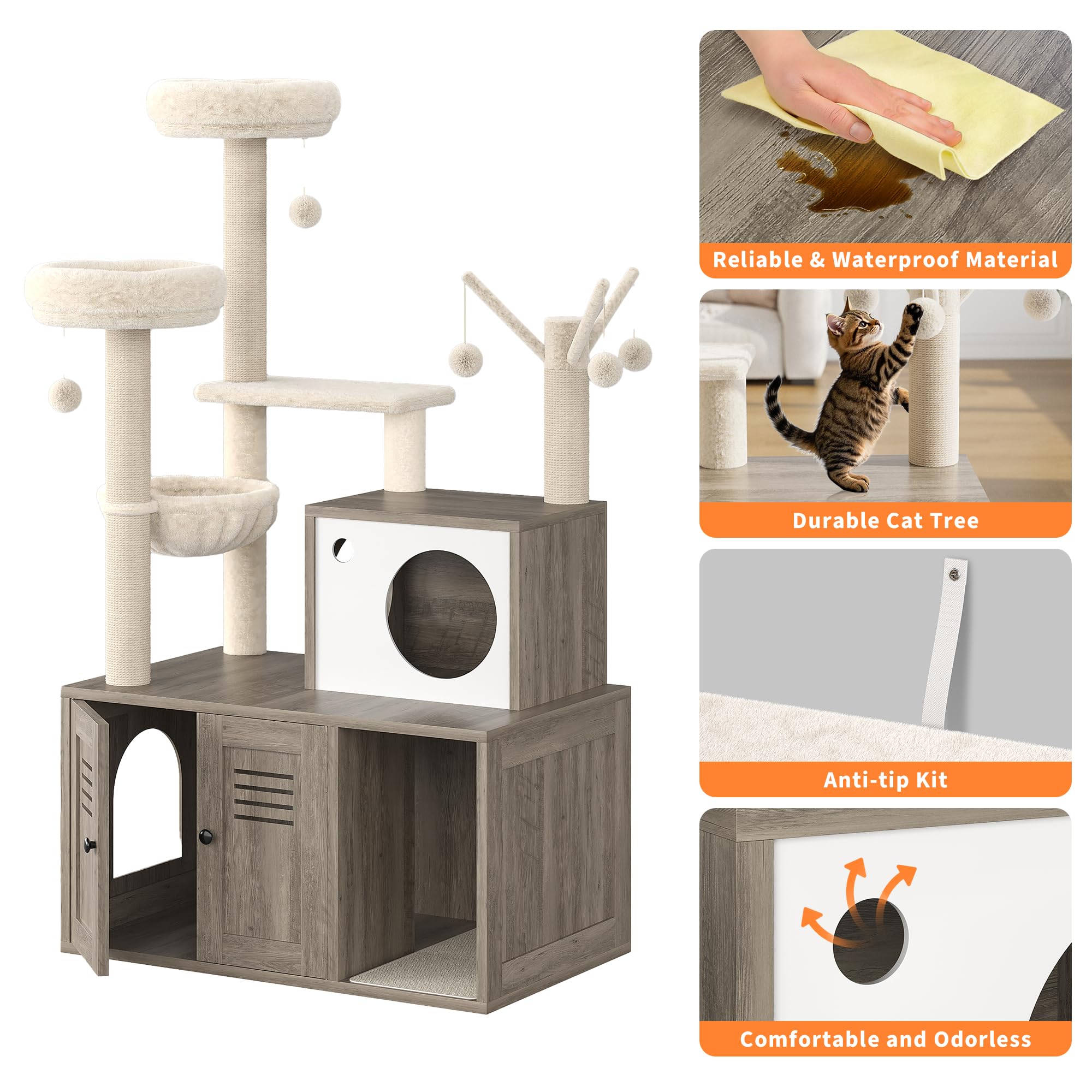 Garvee Cat Tree with Litter Box Enclosure, Sisal Scratching Post, Modern Wooden Cat Tower, Rustic Grey, 31.5''x18.9''