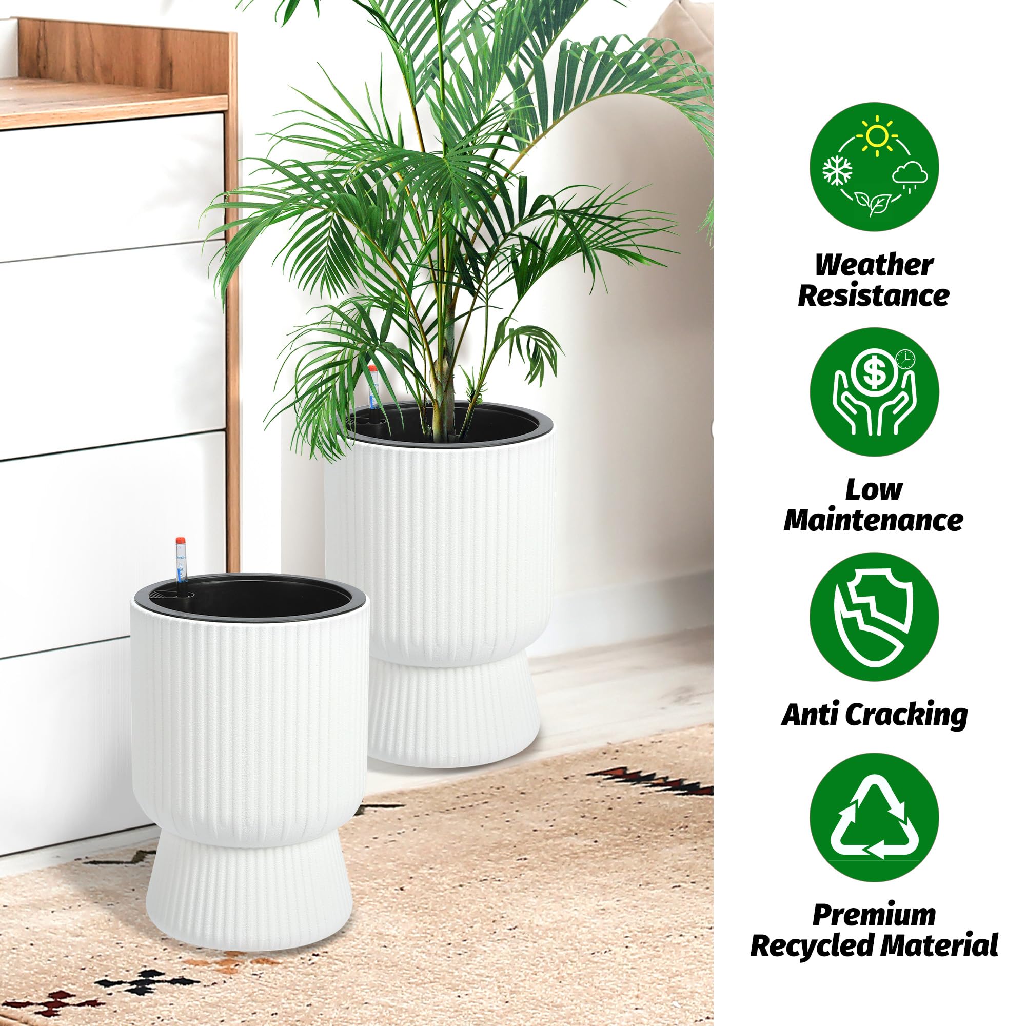 Garvee 14 Inch Plant Pots, Self Watering Planters Set of 2 with Drainage Holes, Tall planters for Indoor Plants, Flower Pots with Water Level Monitor, for Patio, Porch, Living Room, Home Office, White
