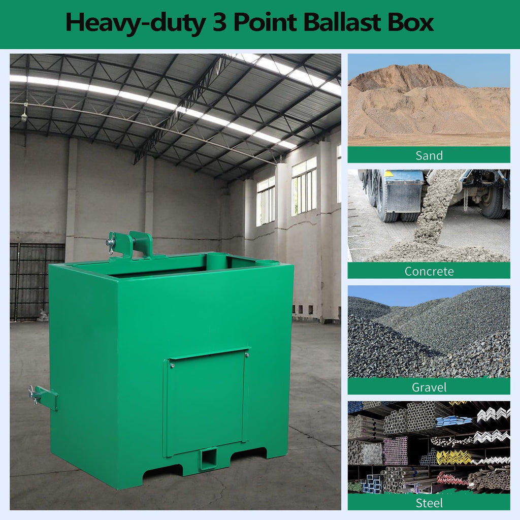 Garvee 3 Point Ballast Box with 2" Hitch Receiver, Category 1 Ballast Box 3 Point Fits Cat 1, 800 Lbs Tractor Ballast Box, 3 Point Quick Hitch Loader Attachment Green