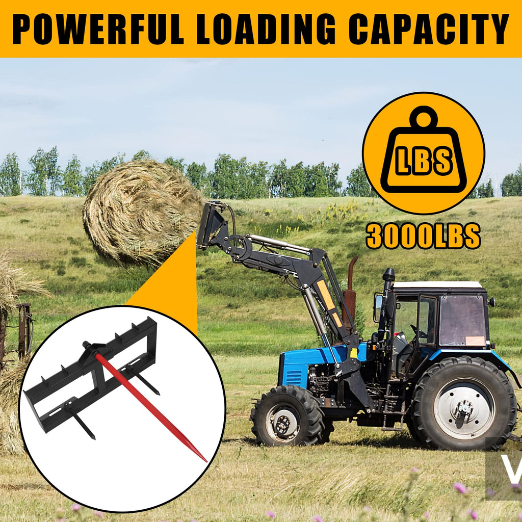 Garvee Tractor Hay Spear Attachment, 49", 3000LBS Capacity, Quick Installation, with 1 Red Hay Spear, 2 Black Stabilizer Spear Spike Fork Tines, Suitable for Tractors and Skid Steers, Farms, Barns