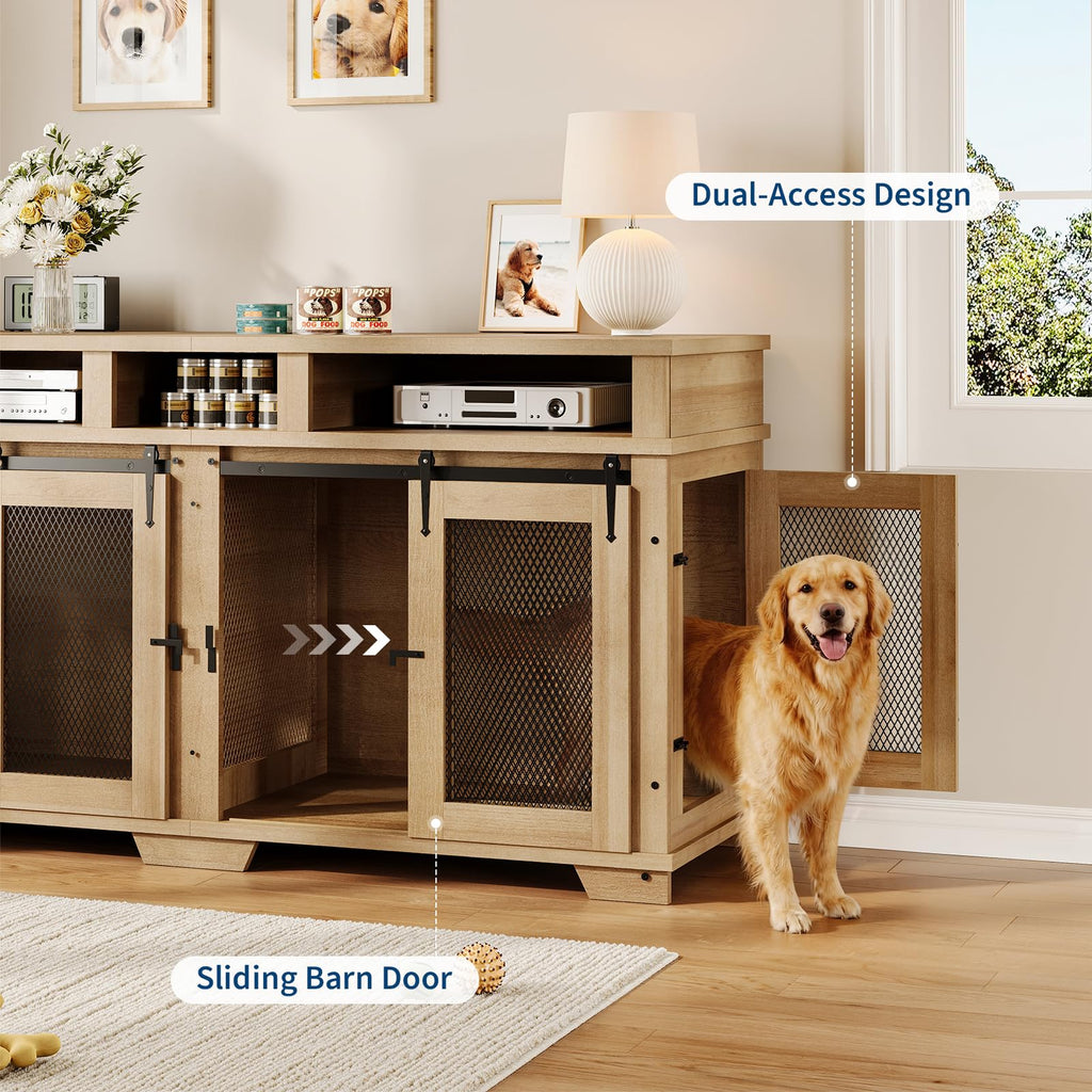 Garvee 71'' Dog Crate Furniture for 2 Dogs, Extra Large Double Dog Kennel, Indoor Wooden Dog Crate TV Stand, White/Natural Wood/Brown