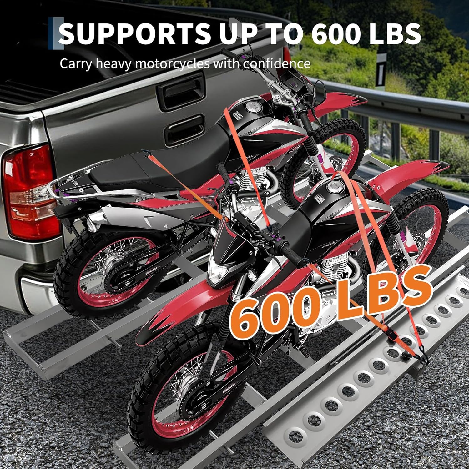 Garvee Ultra-Duty 600LB Motorcycle Hitch Carrier with Anti-Wobble System and Non-Slip Arched Ramp for Dirt Bike Transport, 2" Universal Hitch, Steel Construction
