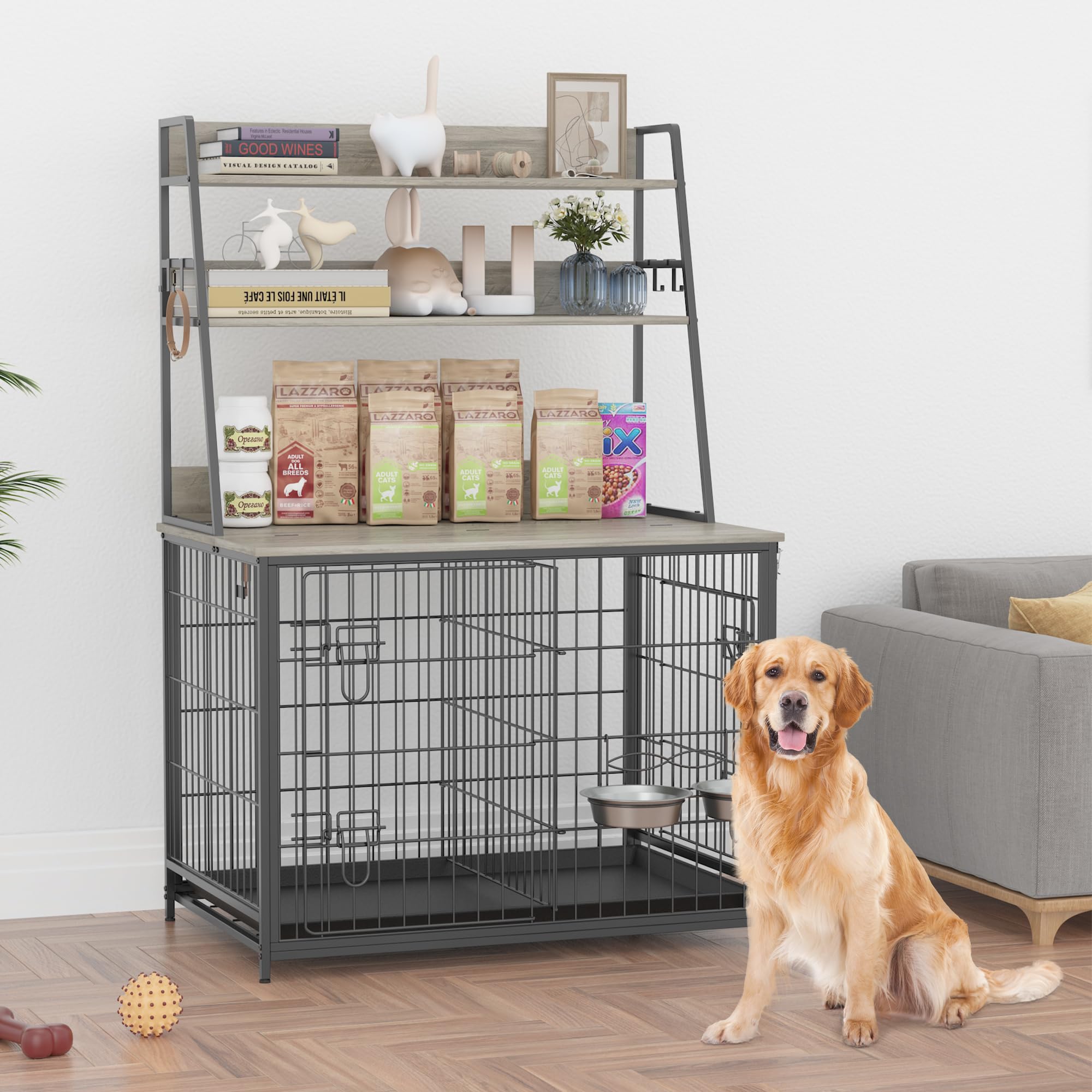 Garvee Wooden Dog Crate Furniture with Storage Shelves, Removable Tray, Double Doors, Adjustable Bowls and Flip-up Top, Grey