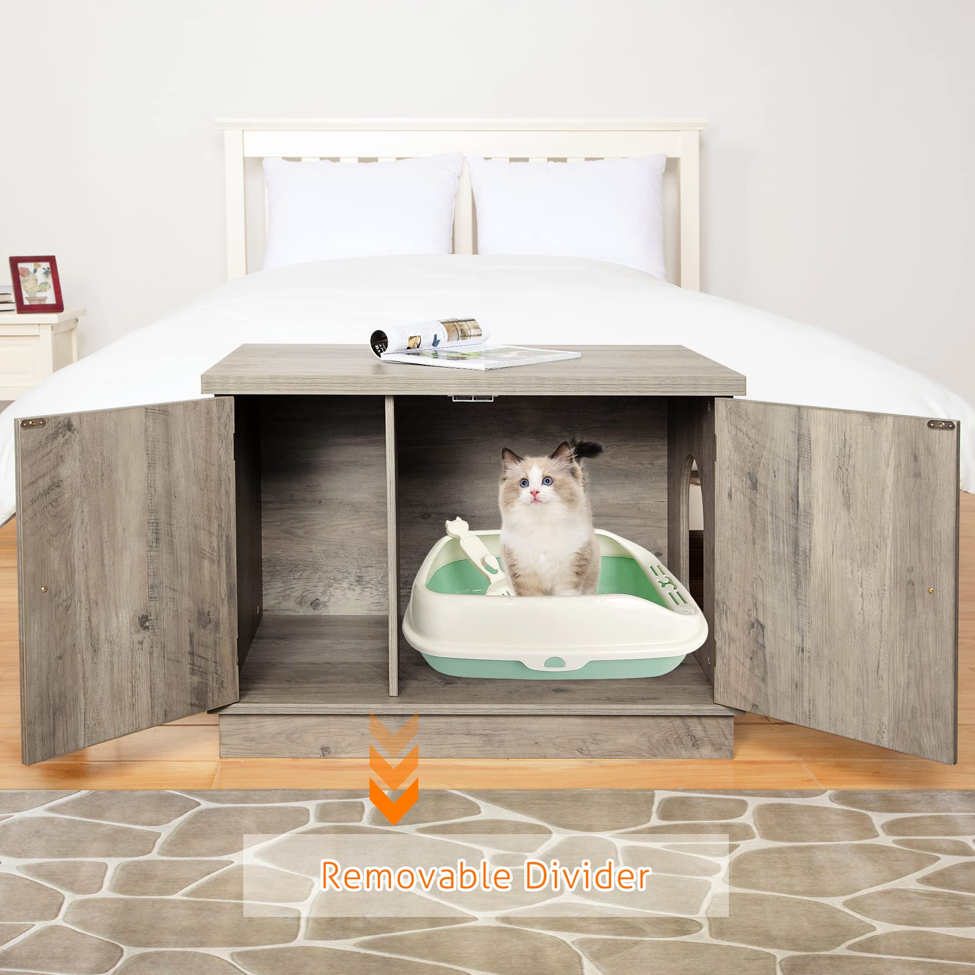 Garvee Cat Litter Box Enclosure with Removable Divider, Wooden Pet House Bench, Hidden Cat Washroom, Side Entry, Large Size, Indoor Use
