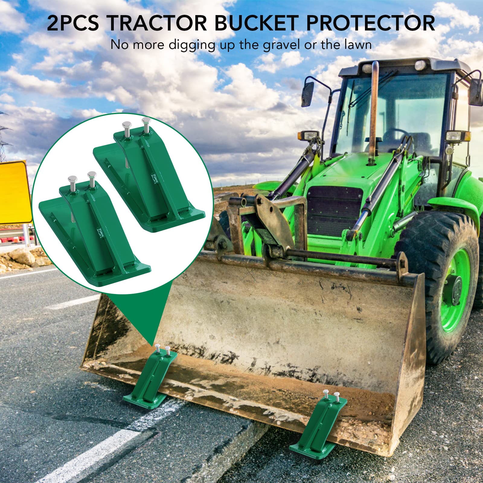 Garvee Tractor Bucket Protector, 3/8'' Thick Edge Tamers, Heavy-Duty Steel, 23.81lbs, Clears Snow & Gravel, Green, Universal Fit