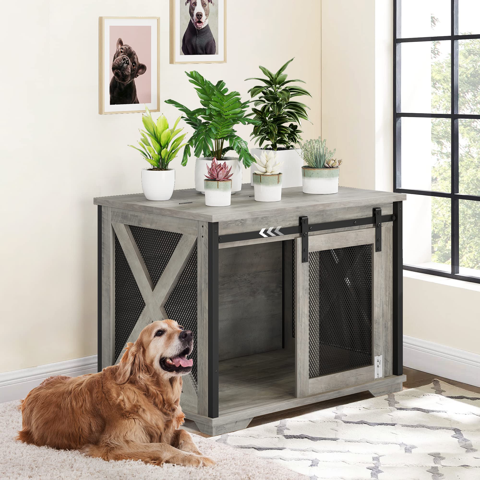Garvee 37" Dog Crate Furniture Side End Table with Flip Top and Movable Divider, Wooden Dog Crate Table Large, Style Dog Kennel Side End Table, Gray