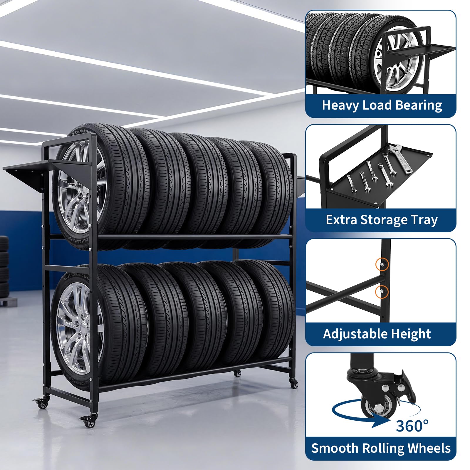Garvee Tire Storage Rack Adjustable Rolling with Anti-Dust Cover for Garage Organization 57" x 18" x 55", Black
