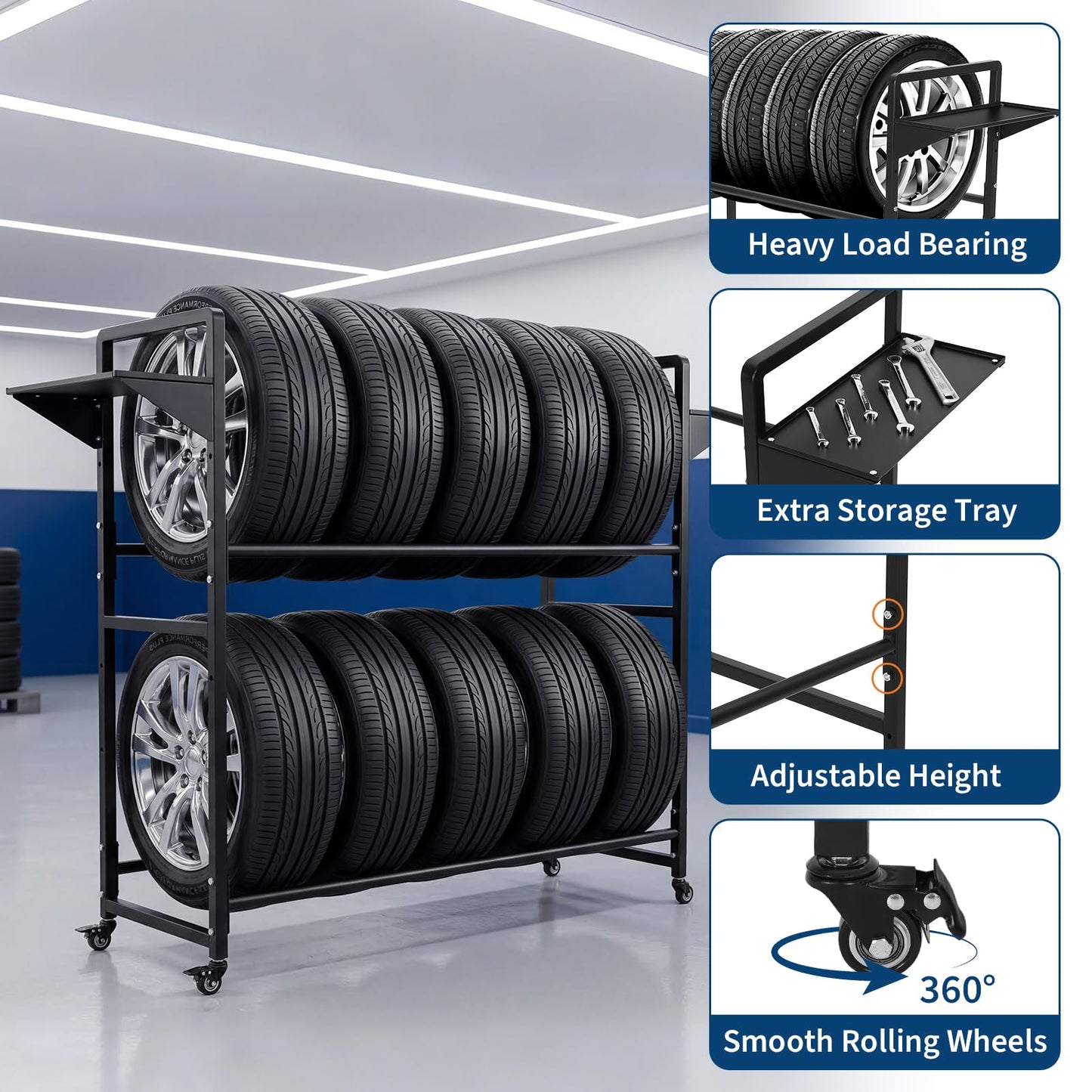 Garvee Tire Storage Rack Adjustable Rolling with Anti-Dust Cover for Garage Organization, 44" x 16" x 44", Black, 4 Swivel Casters & 2 Shelves
