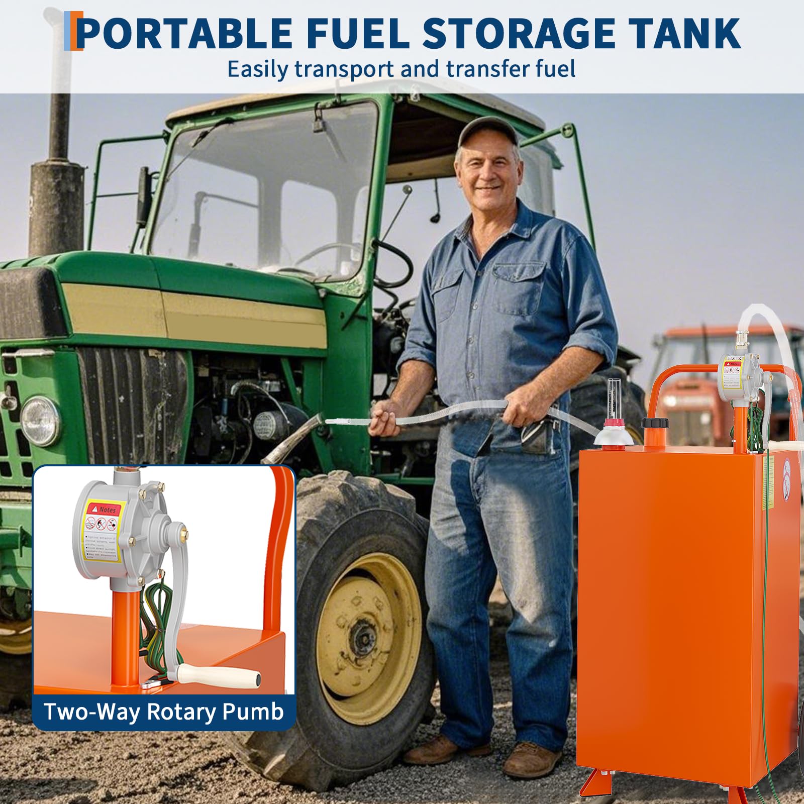 Garvee 45 Gallon Fuel Caddy, Stainless Steel Portable Tank with Two-Way Pump, 9.8 ft UV Hose Anti-Static Gauge 2 Wheels, for Car Lawn Mower ATV Boat, Orange